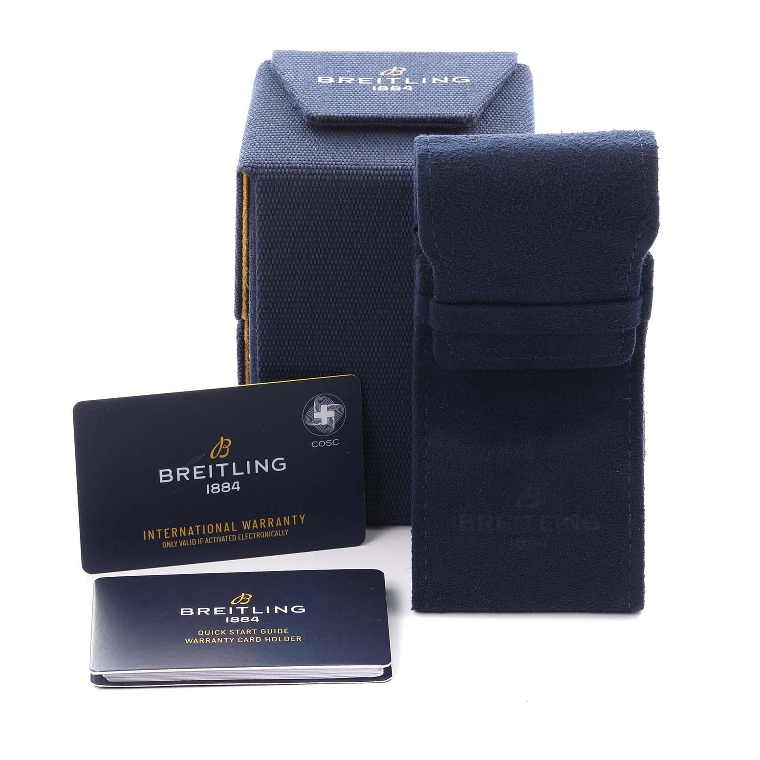 The image shows the Breitling Navitimer AB0139241C1A1 Men's Stainless Steel Blue Dial AB0139241C1A1 Men's Stainless Steel Blue Dial watch box, travel pouch, and warranty cards from a front angle.