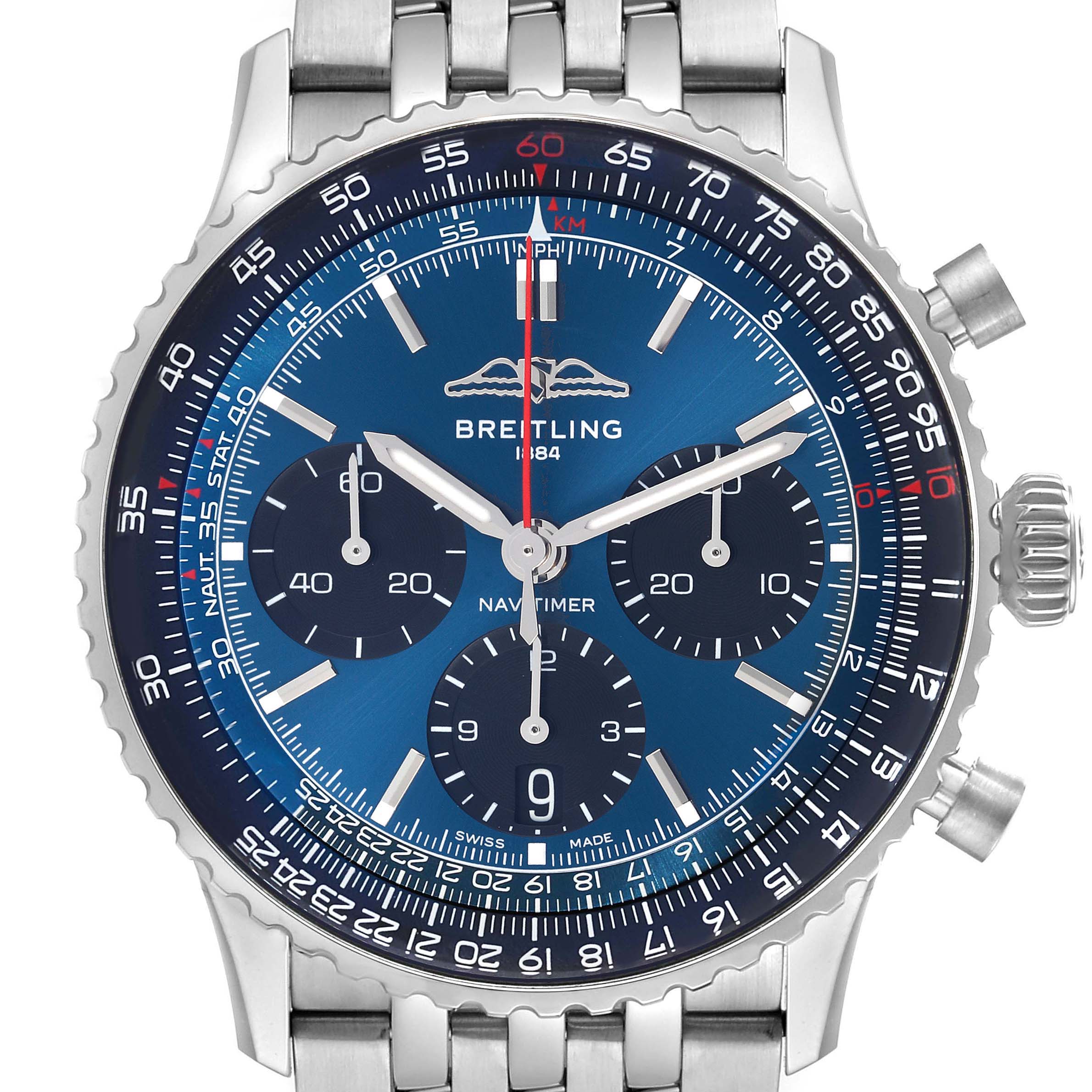 The Breitling Navitimer AB0139241C1A1 Men's Stainless Steel Blue Dial AB0139241C1A1 Men's Stainless Steel Blue Dial watch is shown from the front, displaying its blue dial, chronograph subdials, and metal bracelet.