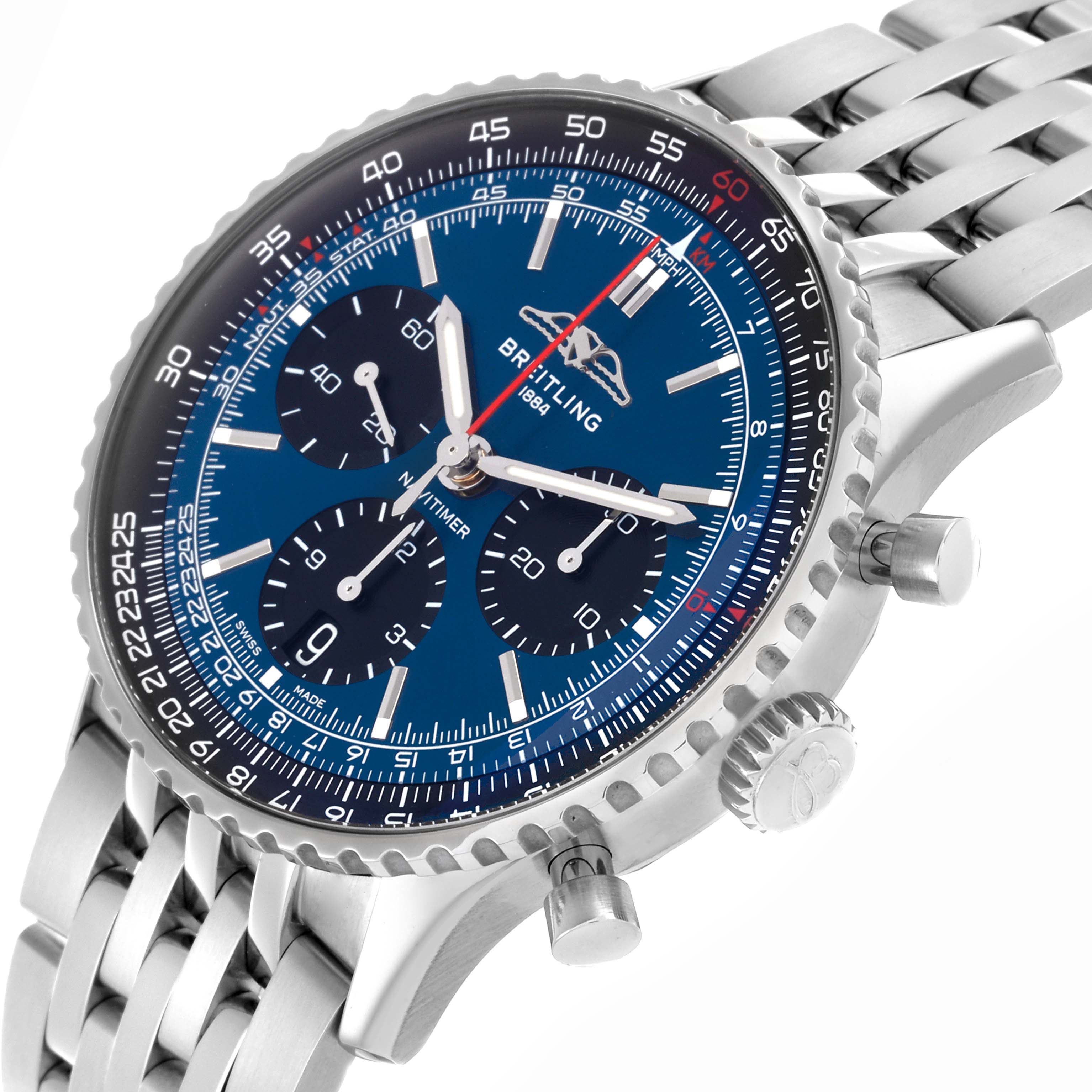 The Breitling Navitimer AB0139241C1A1 Men's Stainless Steel Blue Dial AB0139241C1A1 Men's Stainless Steel Blue Dial watch is shown at an angle highlighting the dial, bezel, crown, and part of the bracelet.