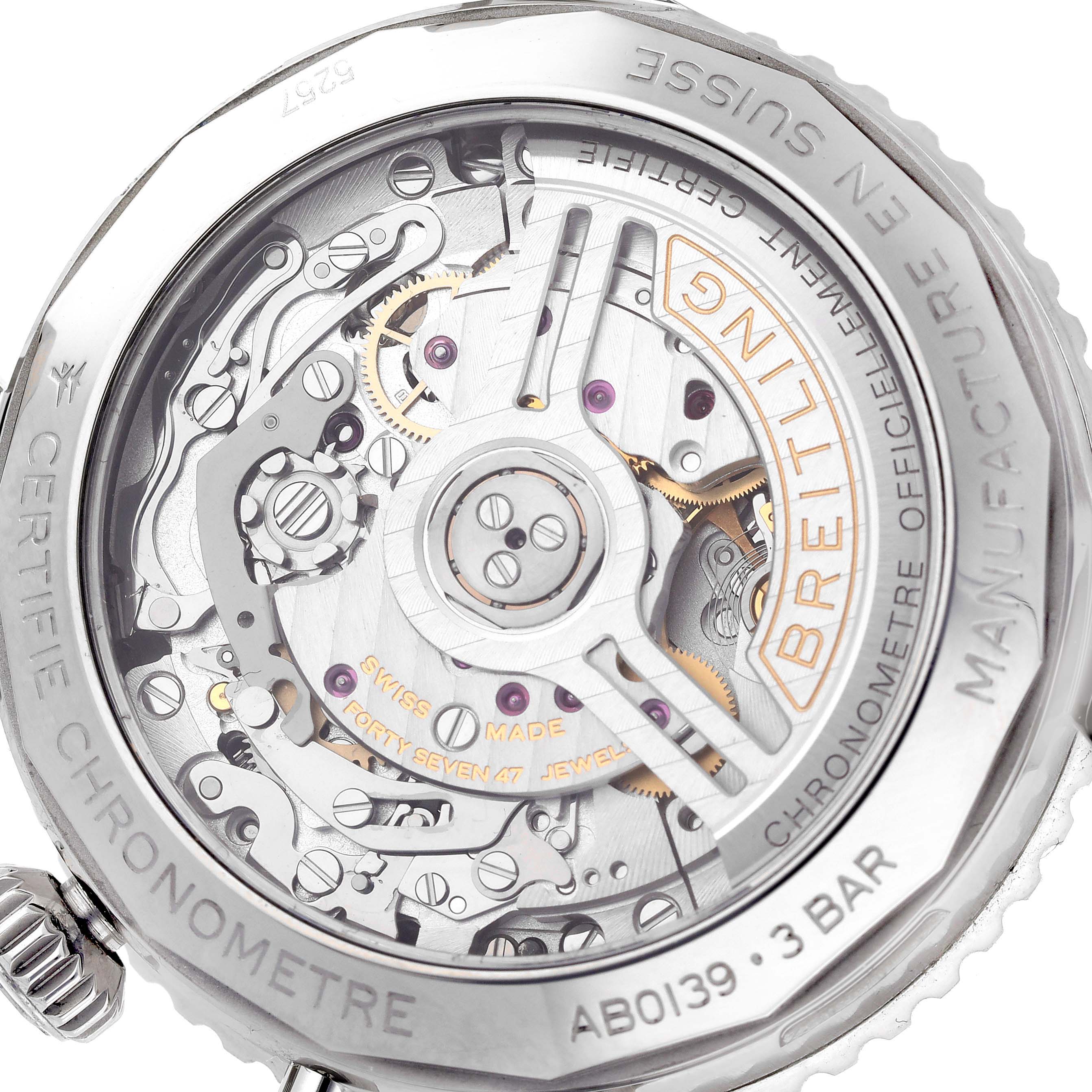 The image shows the back view of a Breitling Navitimer AB0139241C1A1 Men's Stainless Steel Blue Dial AB0139241C1A1 Men's Stainless Steel Blue Dial, highlighting its intricate mechanical movement.