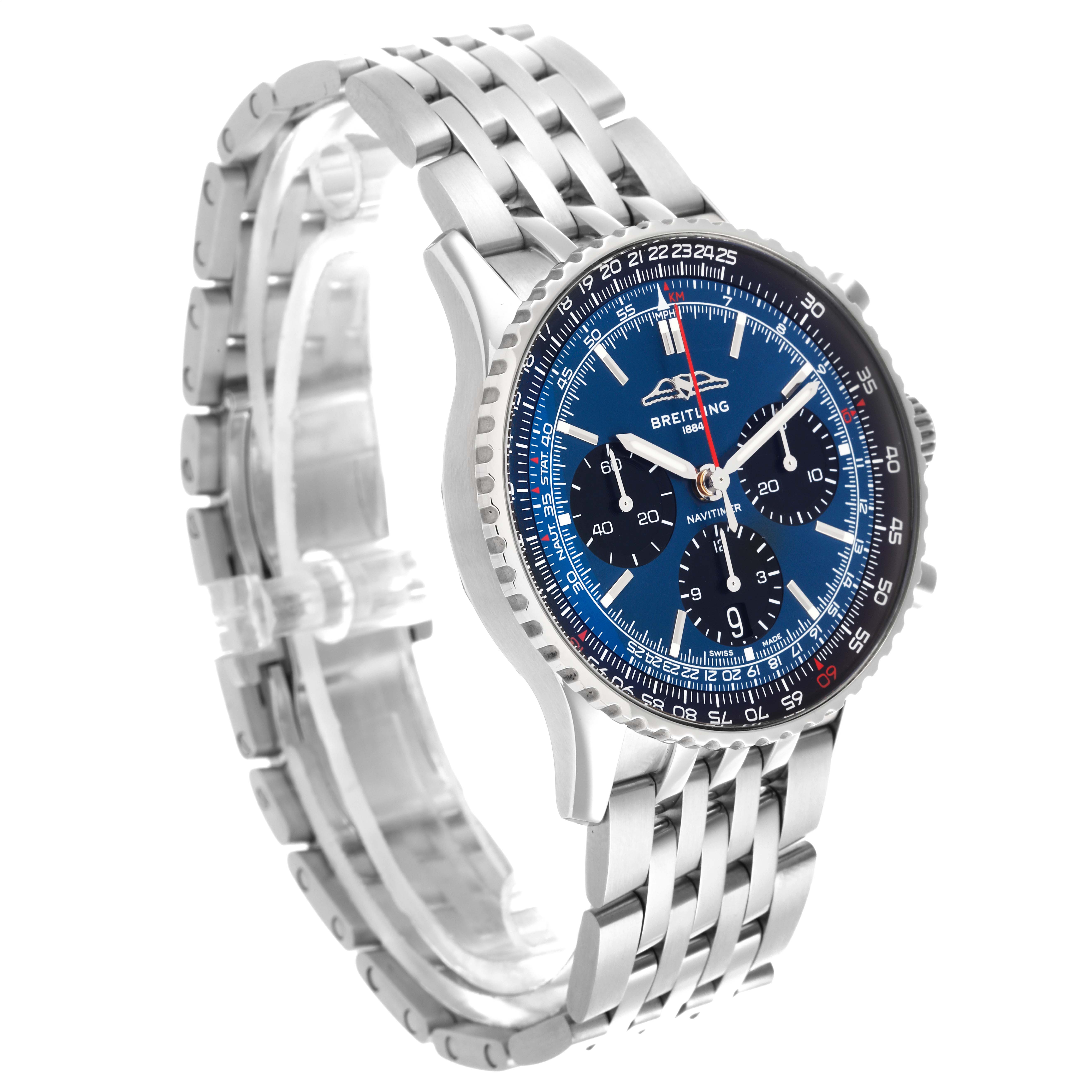 The Breitling Navitimer AB0139241C1A1 Men's Stainless Steel Blue Dial AB0139241C1A1 Men's Stainless Steel Blue Dial watch is shown at an angled side view, highlighting the blue dial and metal bracelet.