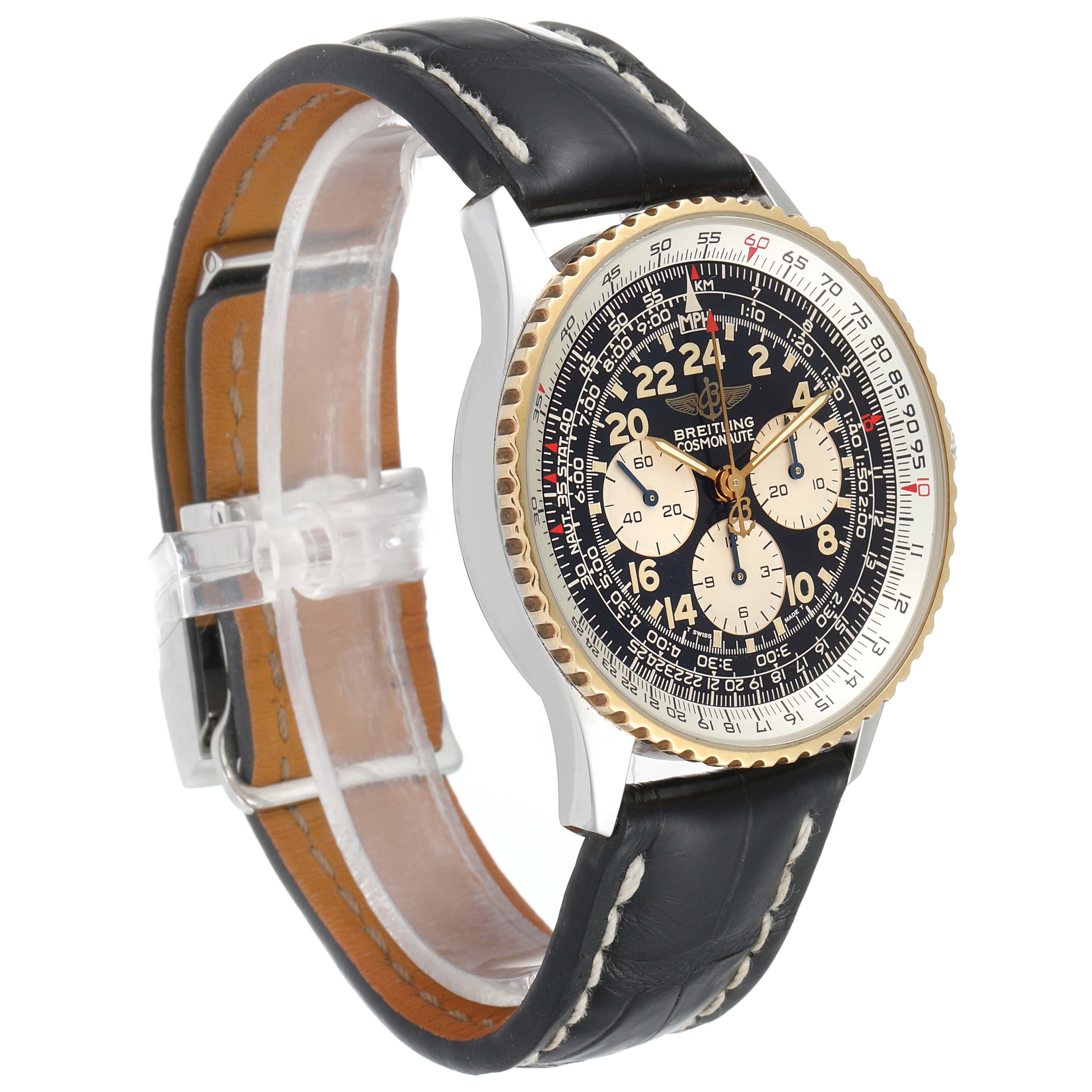 The Breitling Navitimer D12022 Men's Steel and Gold (two tone) Black Dial D12022 Men's Steel and Gold (two tone) Black Dial watch is shown from a side angle, displaying its bezel, dial, and leather strap.