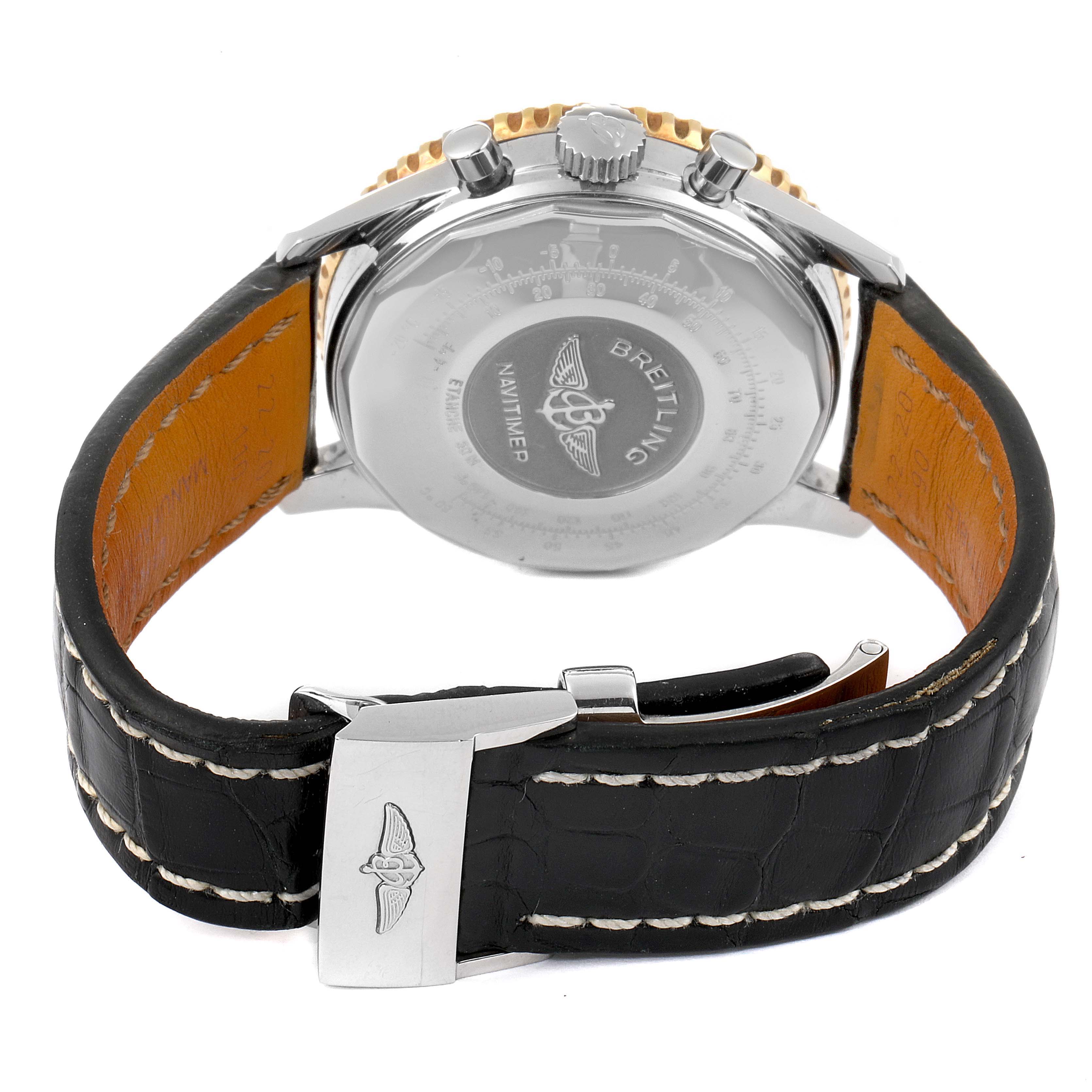 The image shows the back of a Breitling Navitimer D12022 Men's Steel and Gold (two tone) Black Dial D12022 Men's Steel and Gold (two tone) Black Dial watch, highlighting the case back, crown, pushers, and leather strap with clasp.