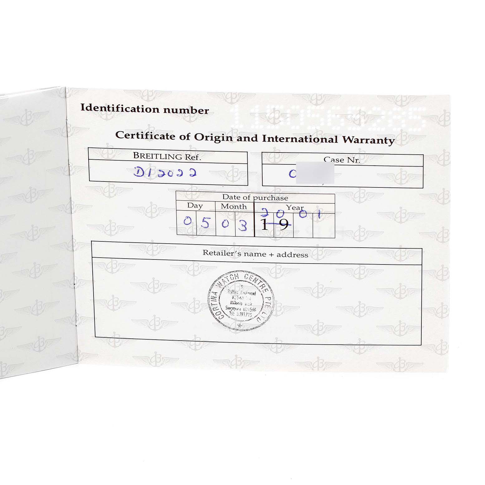 This image shows the Certificate of Origin and International Warranty for a Breitling Navitimer D12022 Men's Steel and Gold (two tone) Black Dial D12022 Men's Steel and Gold (two tone) Black Dial model watch.