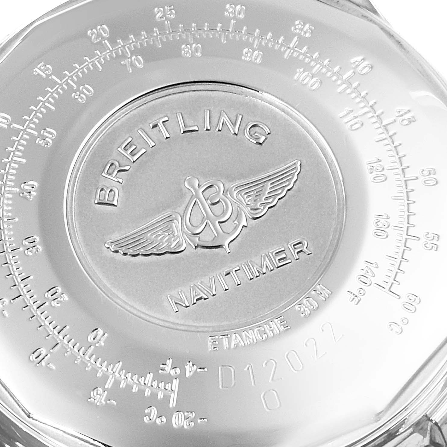 The image shows the back case of a Breitling Navitimer D12022 Men's Steel and Gold (two tone) Black Dial D12022 Men's Steel and Gold (two tone) Black Dial watch, featuring engravings and brand markings.