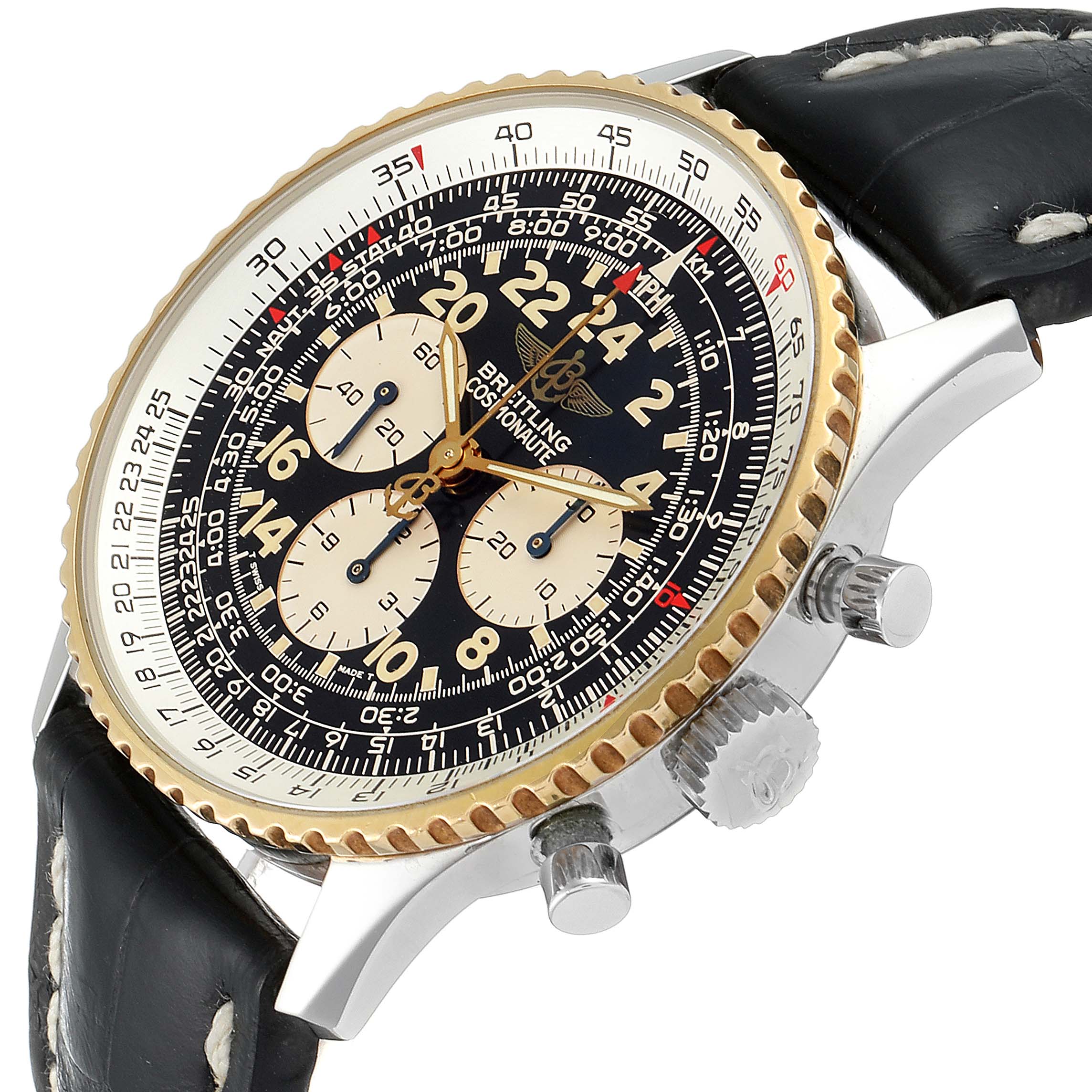 The image shows a side angle of the Breitling Navitimer D12022 Men's Steel and Gold (two tone) Black Dial D12022 Men's Steel and Gold (two tone) Black Dial watch, highlighting the dial, bezel, and crown.