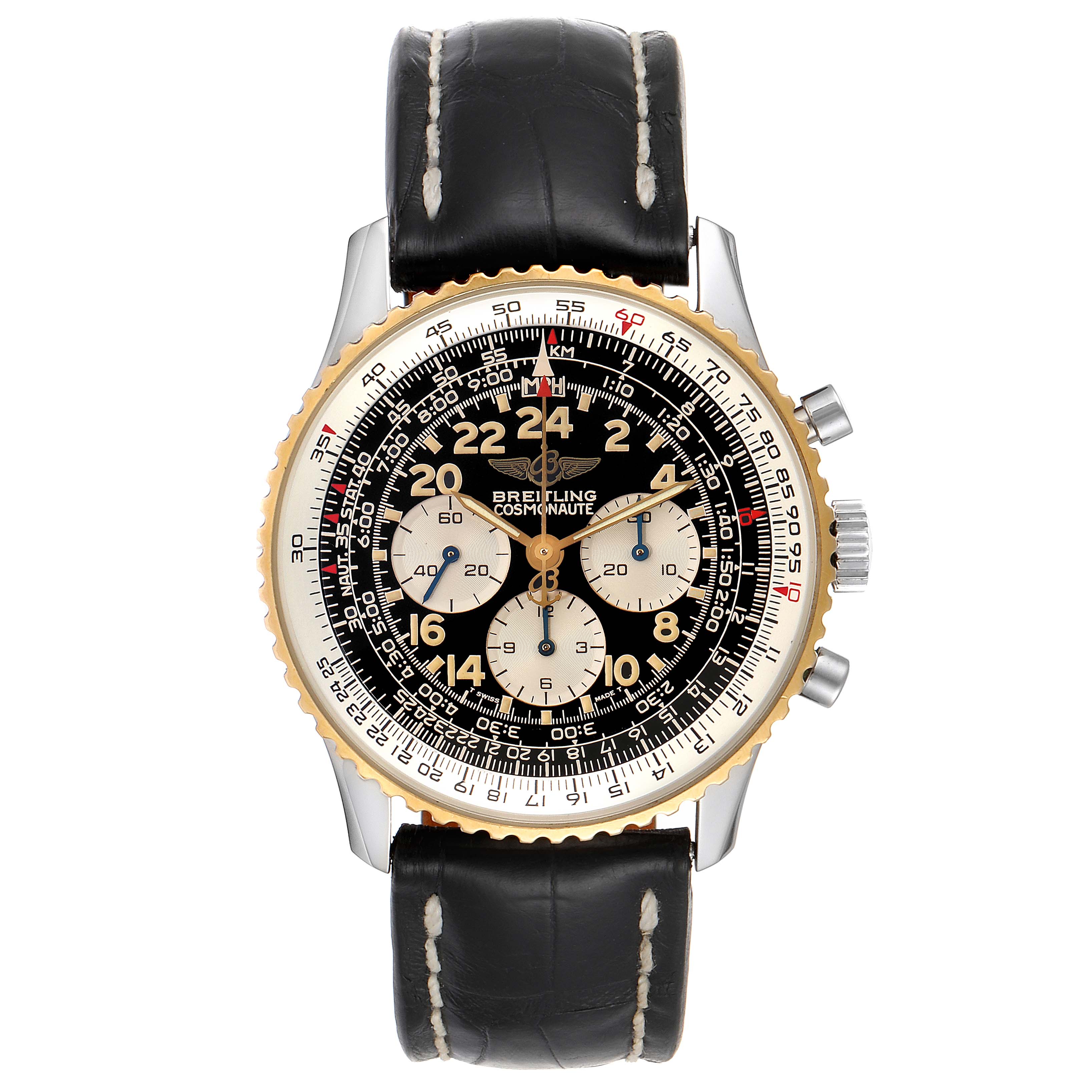 The image shows a Breitling Navitimer D12022 Men's Steel and Gold (two tone) Black Dial D12022 Men's Steel and Gold (two tone) Black Dial watch from a front angle, displaying its dial, bezel, and leather strap.