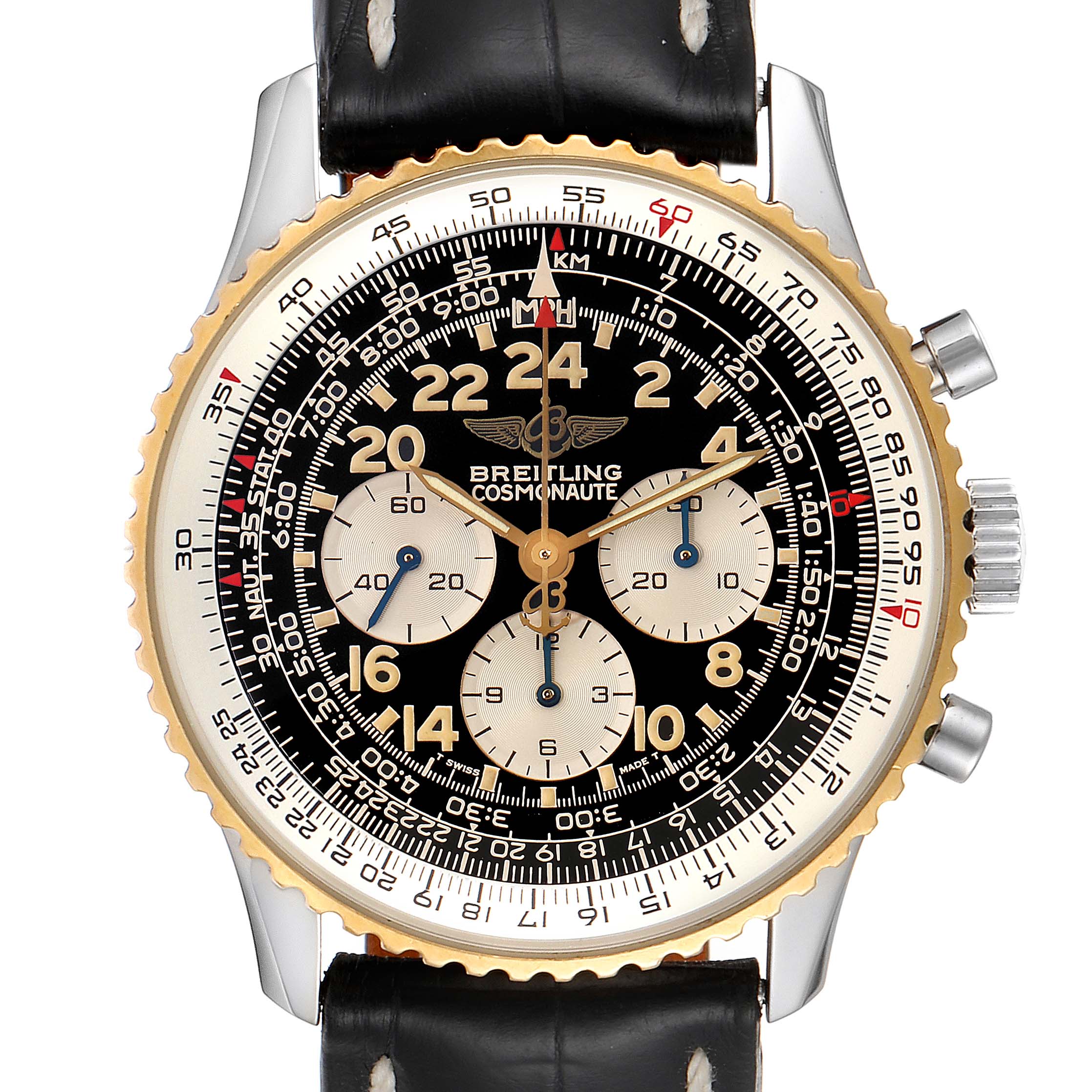 The image shows a frontal view of a Breitling Navitimer D12022 Men's Steel and Gold (two tone) Black Dial D12022 Men's Steel and Gold (two tone) Black Dial watch, highlighting its intricate dial and bezel.