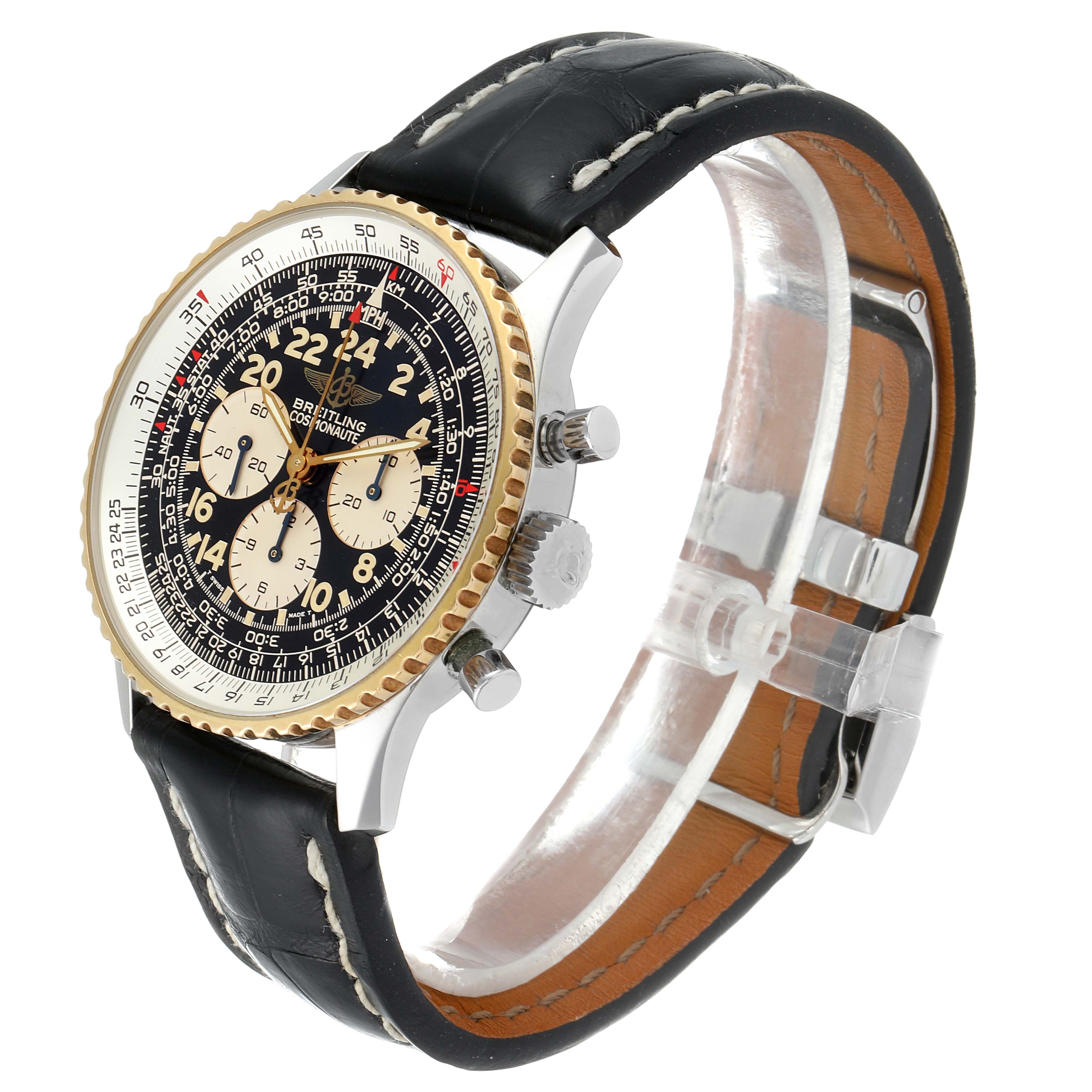 This image shows a side view of the Breitling Navitimer D12022 Men's Steel and Gold (two tone) Black Dial D12022 Men's Steel and Gold (two tone) Black Dial watch, highlighting its dial, bezel, and leather strap.