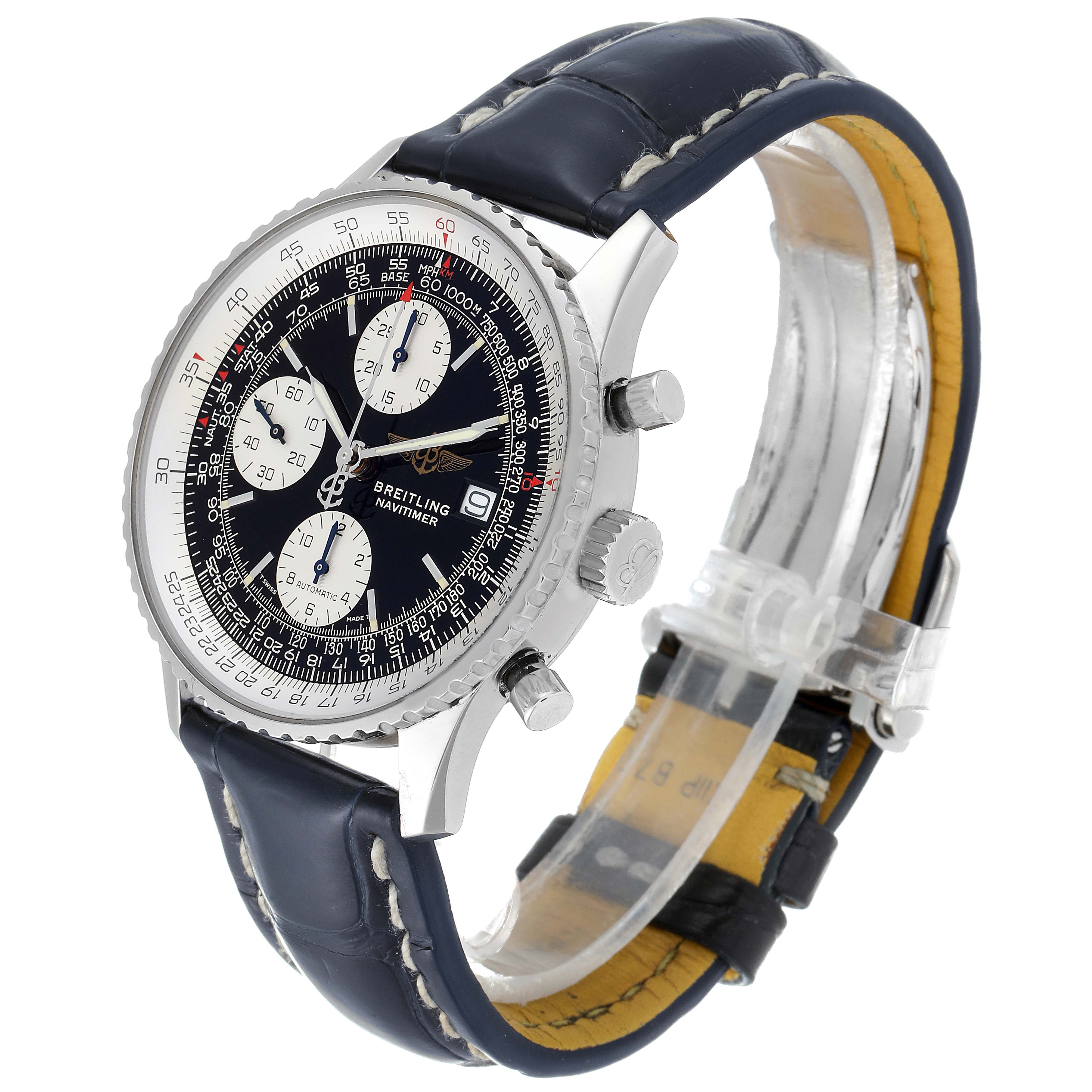 The image shows a Breitling Navitimer A13022 Men's Stainless Steel Black Dial A13022 Men's Stainless Steel Black Dial watch at a three-quarter angle, highlighting the face, bezel, and leather strap.