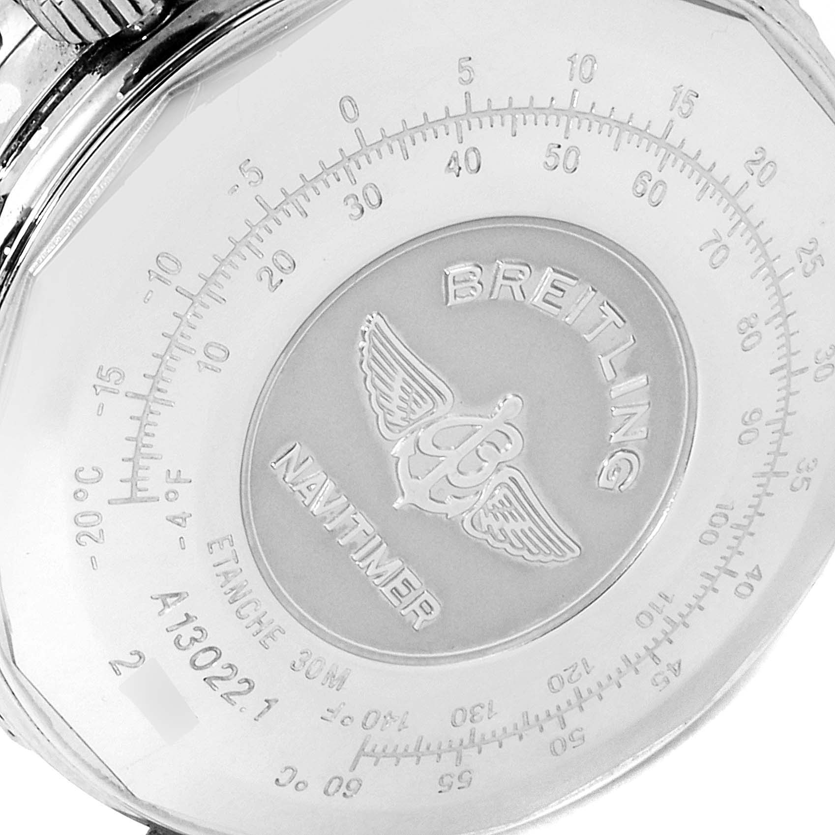The image shows the back case of a Breitling Navitimer A13022 Men's Stainless Steel Black Dial A13022 Men's Stainless Steel Black Dial watch, displaying its logo, model name, and various markings.