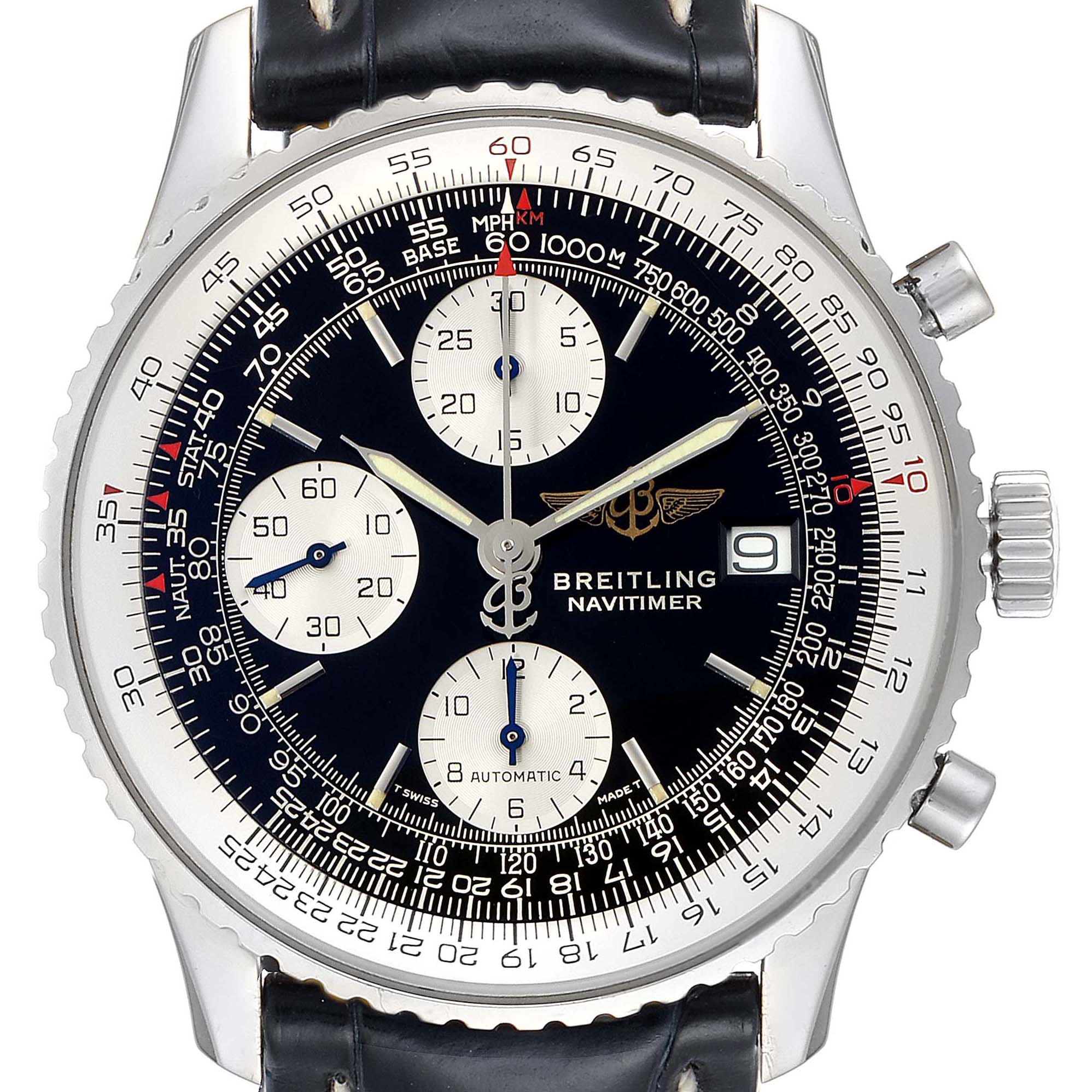 The image shows a front view of a Breitling Navitimer A13022 Men's Stainless Steel Black Dial A13022 Men's Stainless Steel Black Dial watch, highlighting the dial, subdials, bezel, and crown.