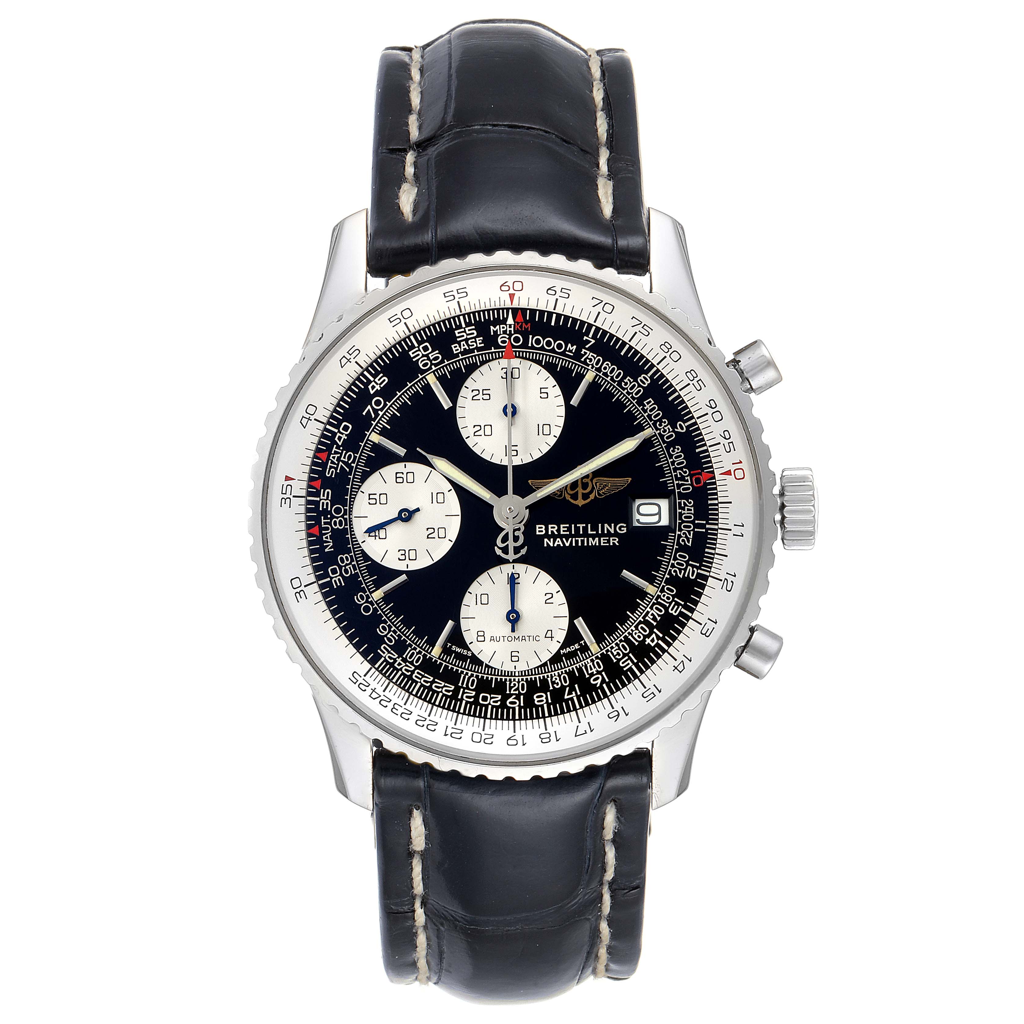 This image shows a front view of the Breitling Navitimer A13022 Men's Stainless Steel Black Dial A13022 Men's Stainless Steel Black Dial watch, displaying its dial, bezel, case, pushers, and strap.
