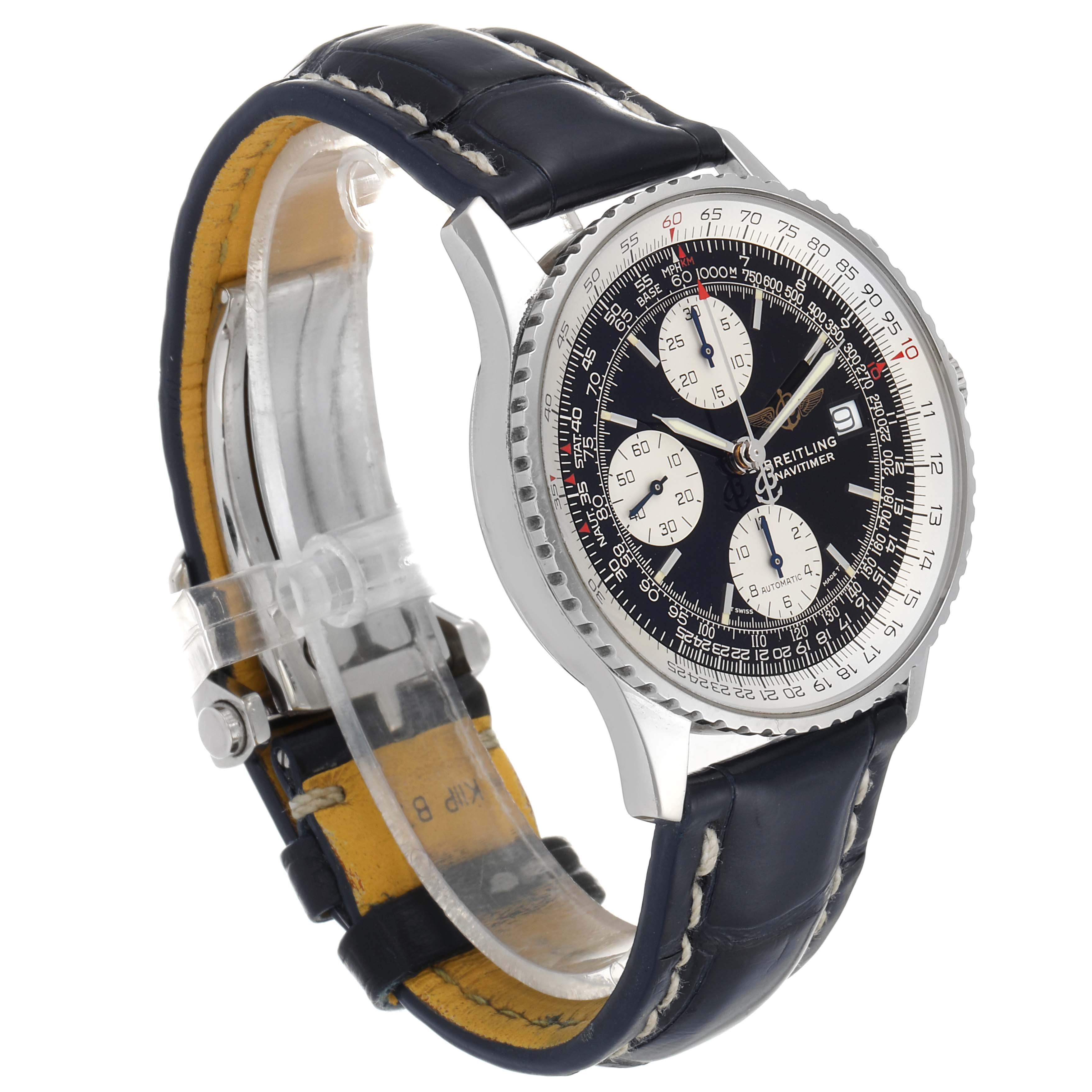 This Breitling Navitimer A13022 Men's Stainless Steel Black Dial A13022 Men's Stainless Steel Black Dial watch is shown at a side angle, displaying its face, bezel, and leather strap clearly.