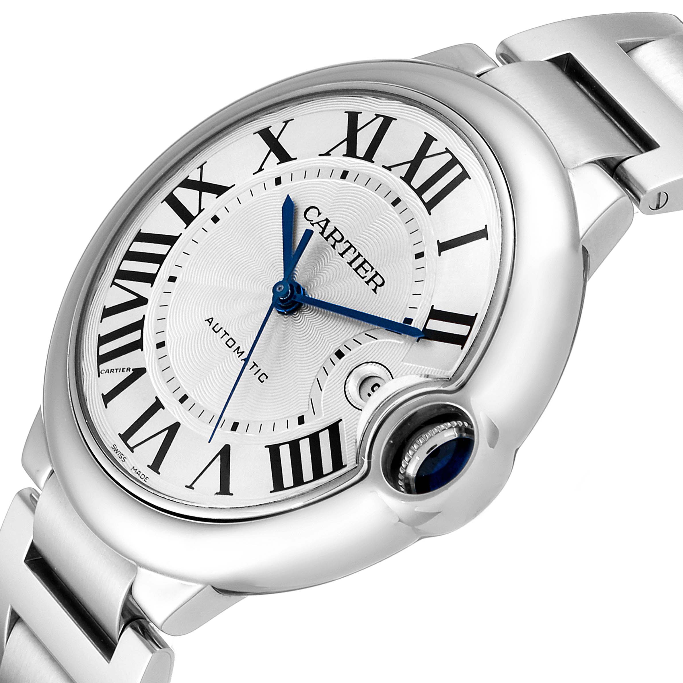 This image shows a close-up view of the dial, crown, and part of the bracelet of the Cartier Ballon Bleu W69012Z4 Men's Stainless Steel Silver Dial W69012Z4 Men's Stainless Steel Silver Dial watch.