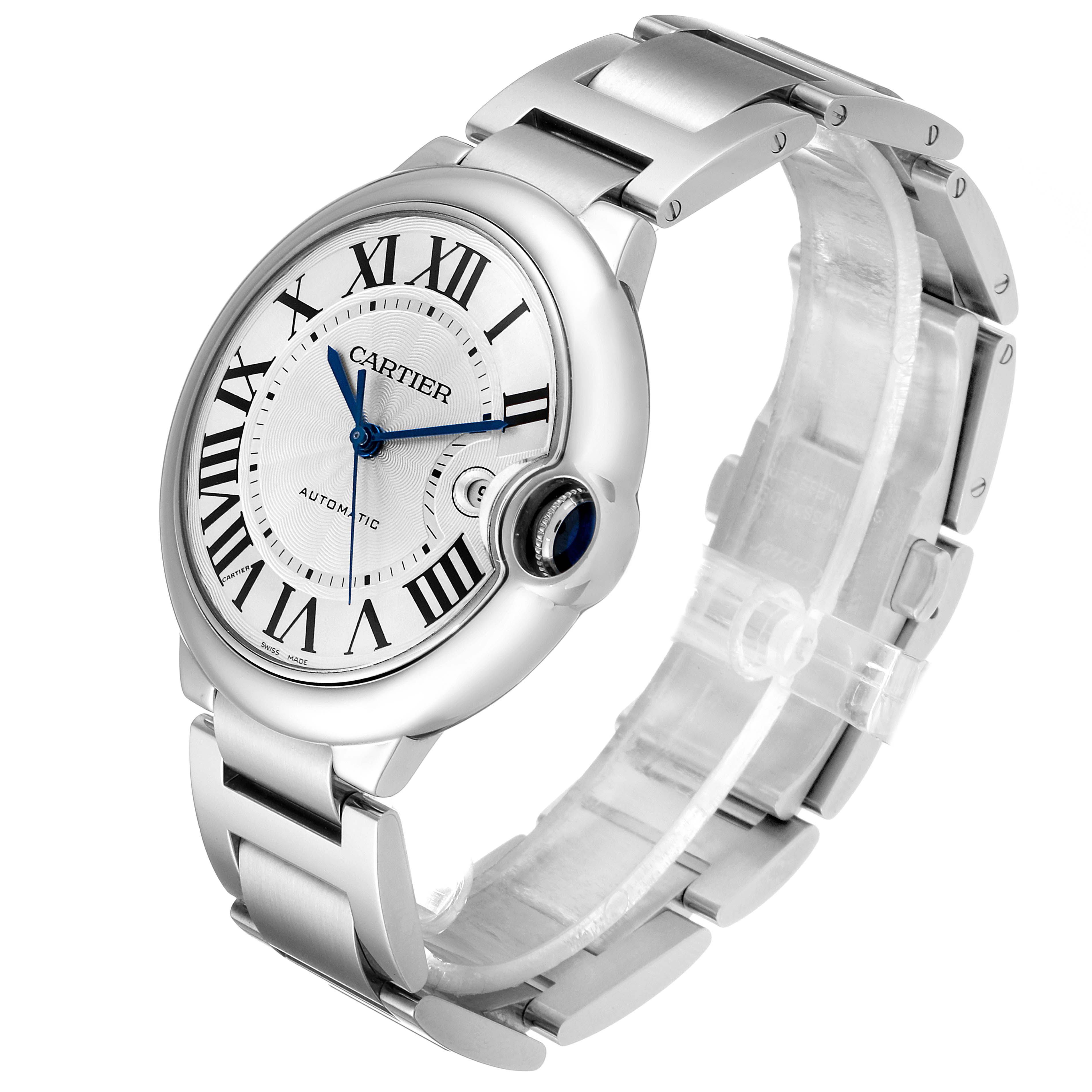 The image shows a Cartier Ballon Bleu W69012Z4 Men's Stainless Steel Silver Dial W69012Z4 Men's Stainless Steel Silver Dial watch at a slightly angled front view, highlighting the face, bezel, and bracelet.