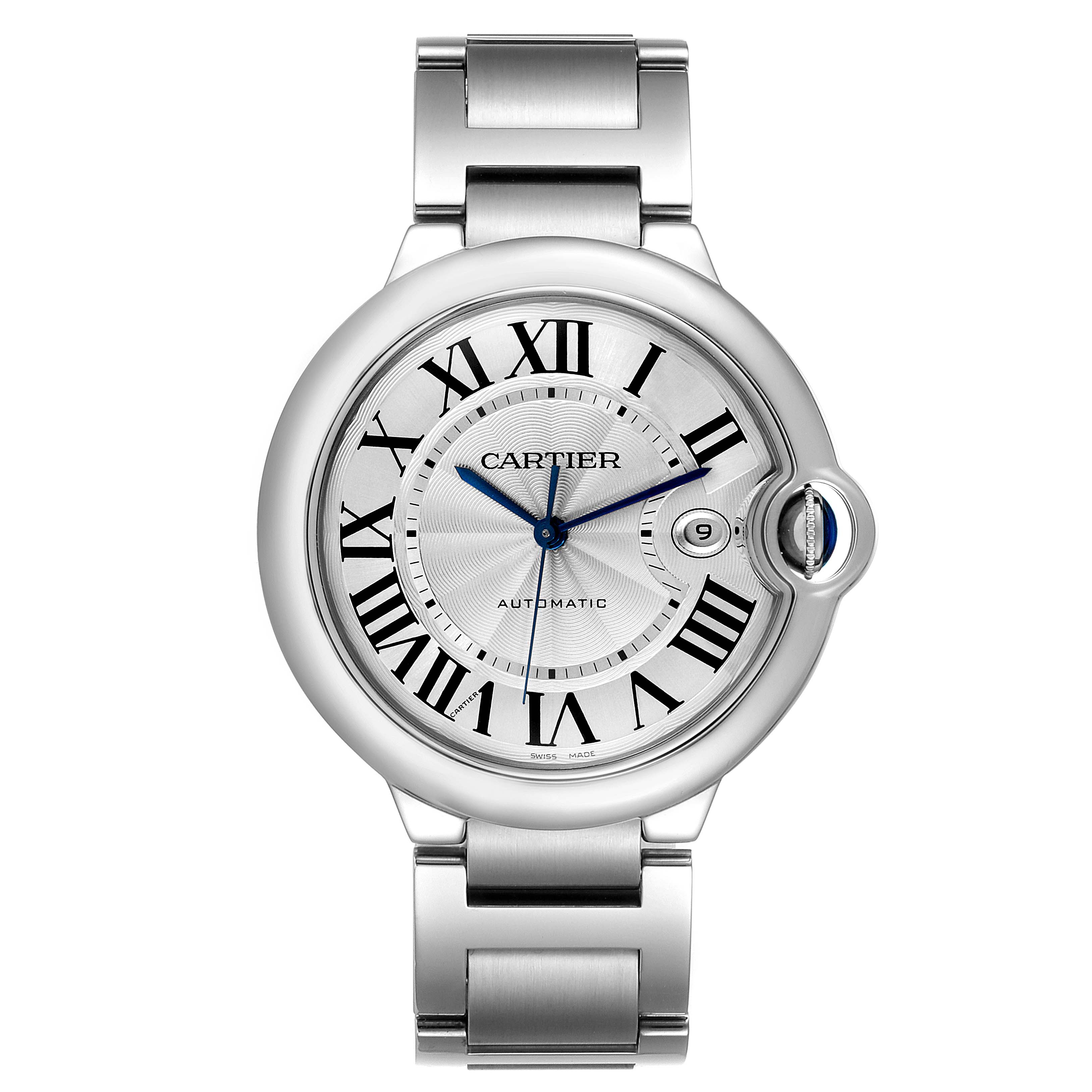 The image shows a front view of the Cartier Ballon Bleu W69012Z4 Men's Stainless Steel Silver Dial W69012Z4 Men's Stainless Steel Silver Dial watch, highlighting its face, Roman numerals, and metal bracelet.
