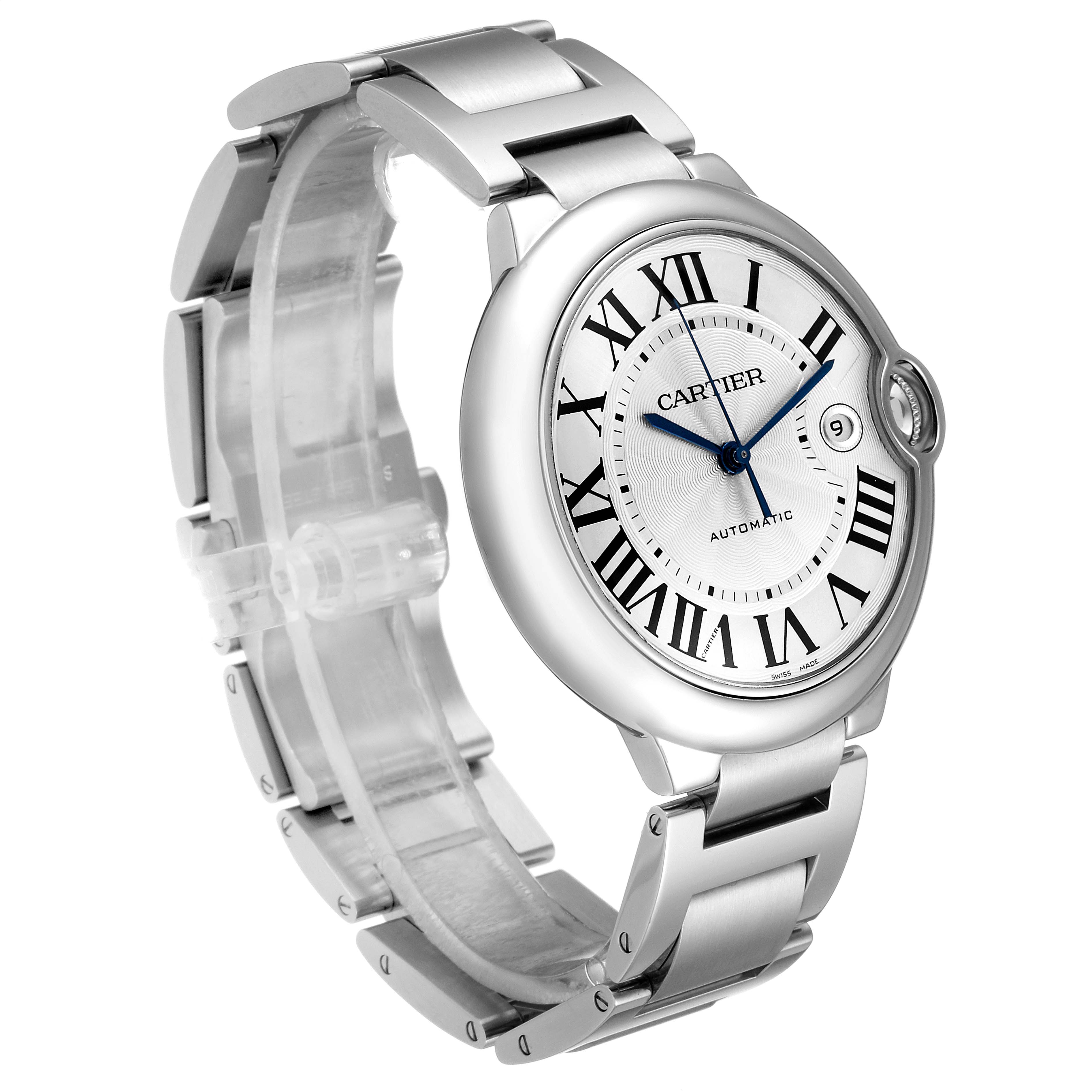 The image shows a side view of a Cartier Ballon Bleu W69012Z4 Men's Stainless Steel Silver Dial W69012Z4 Men's Stainless Steel Silver Dial watch, displaying its round face, Roman numerals, and metal bracelet.