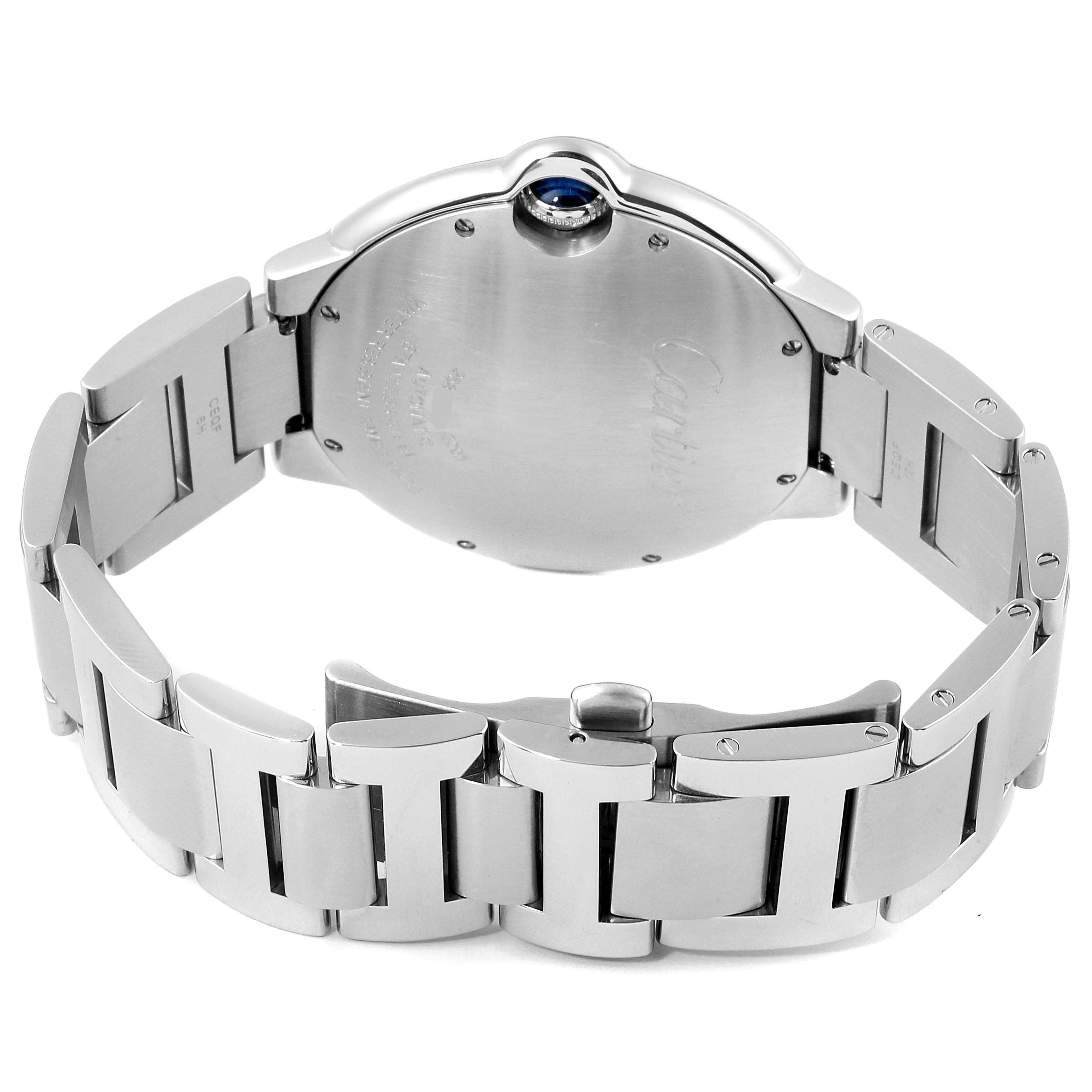 The image shows the back casing and wristband of a Cartier Ballon Bleu W69012Z4 Men's Stainless Steel Silver Dial W69012Z4 Men's Stainless Steel Silver Dial watch, including the deployant clasp and crown.
