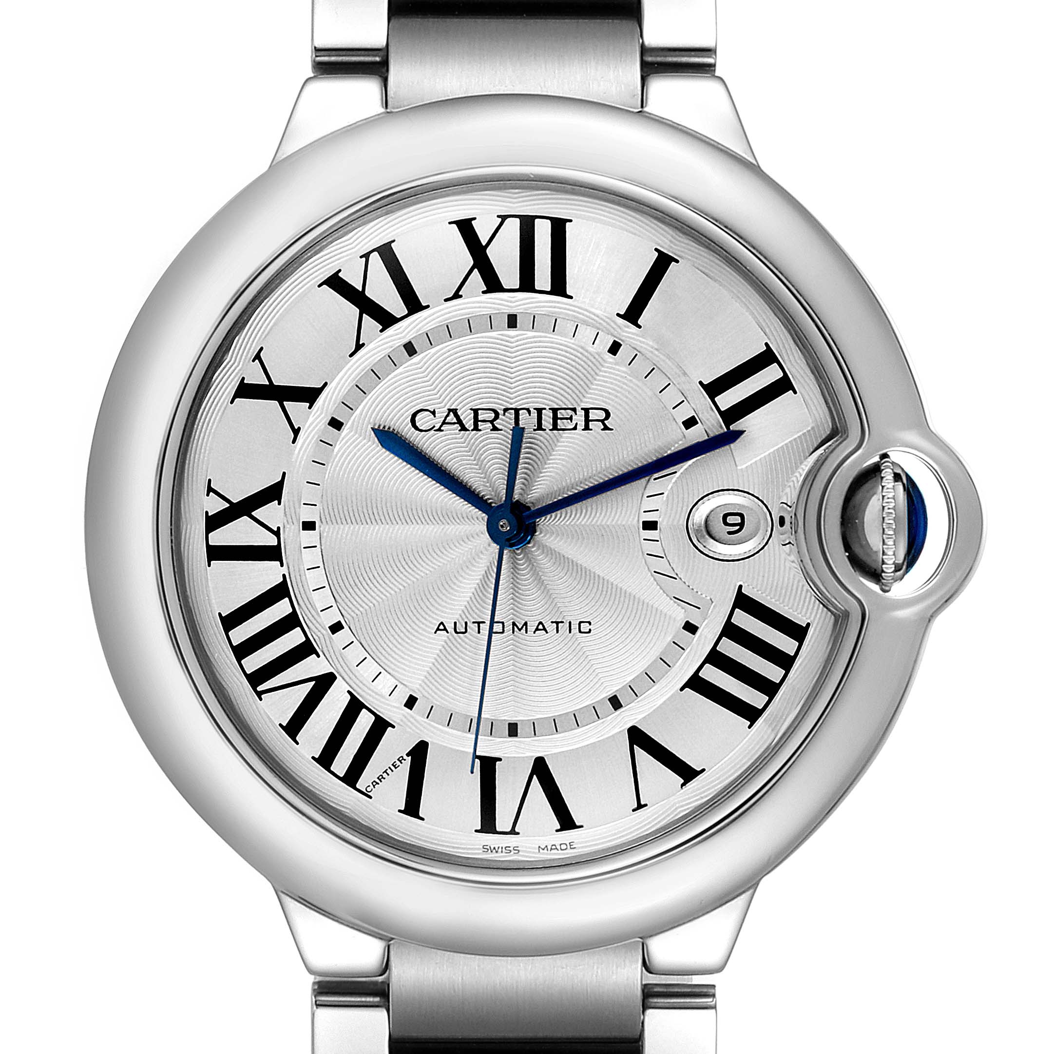 This image shows a close-up of the face and crown of a Cartier Ballon Bleu W69012Z4 Men's Stainless Steel Silver Dial W69012Z4 Men's Stainless Steel Silver Dial watch, highlighting its Roman numerals, blue hands, and date window.