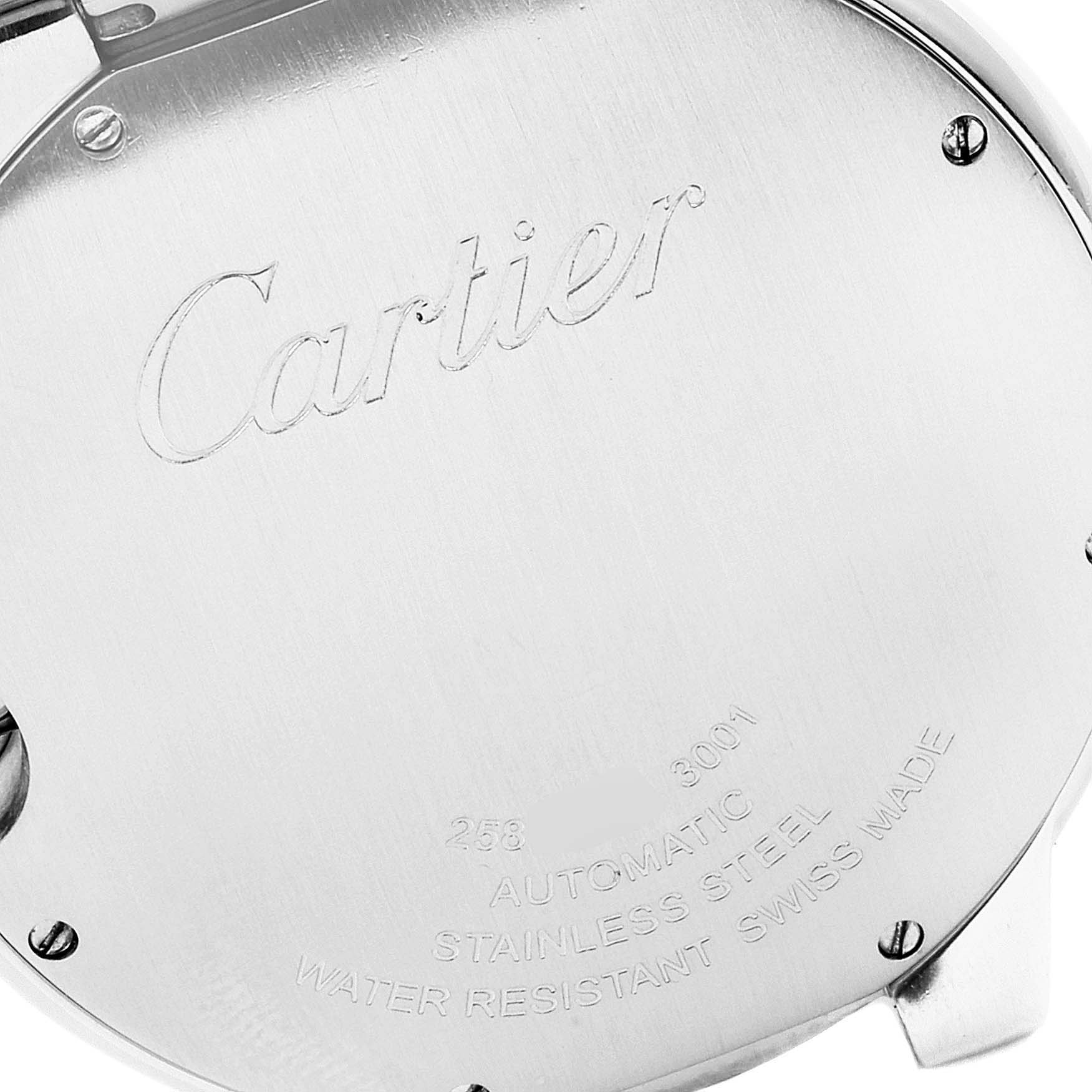 This image shows the case back of the Cartier Ballon Bleu W69012Z4 Men's Stainless Steel Silver Dial W69012Z4 Men's Stainless Steel Silver Dial watch with engravings indicating specifications.