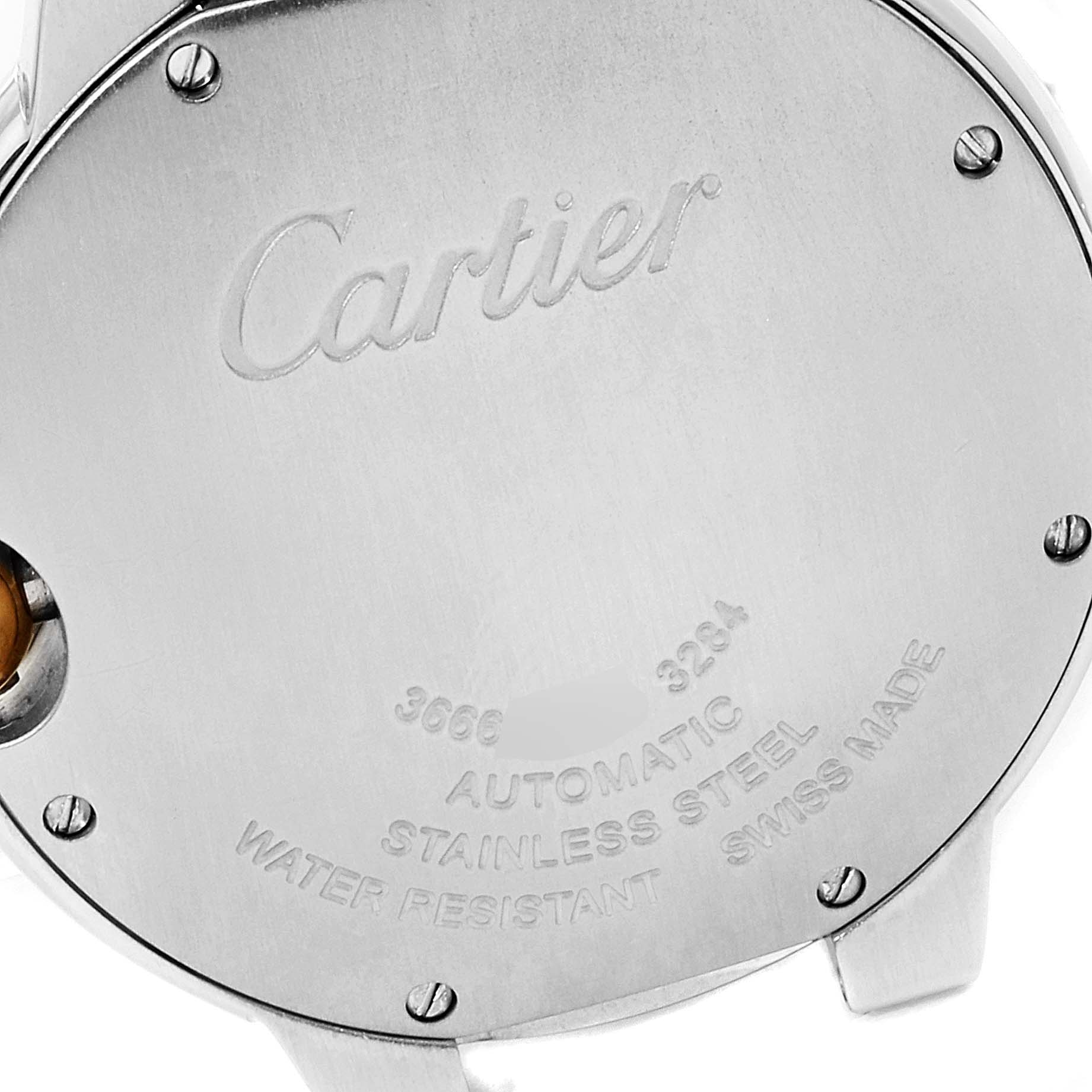 The image shows the back of the Cartier Ballon Bleu W2BB0012 Women's Steel and Gold (two tone) Silver Dial W2BB0012 Women's Steel and Gold (two tone) Silver Dial watch, displaying branding and specifications like "Stainless Steel" and "Water Resistant."