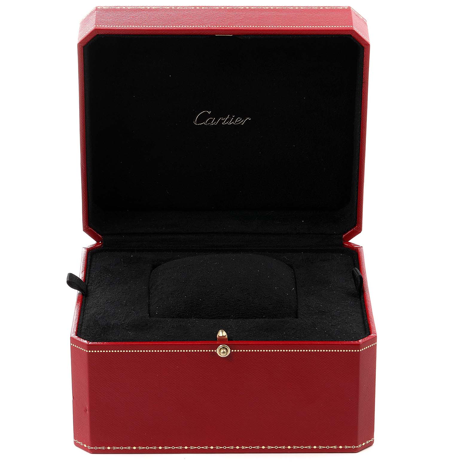 This image shows an open red Cartier watch box, likely for a Ballon Bleu model.
