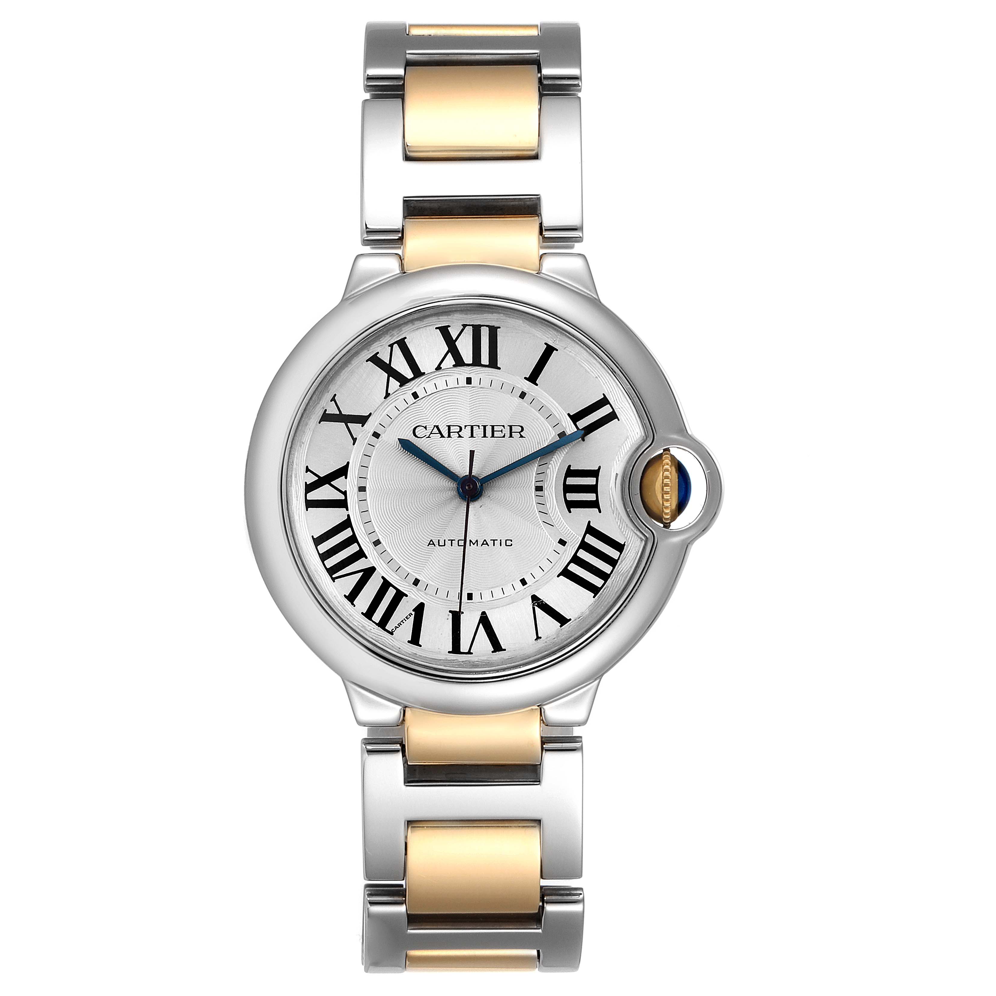 The image shows a front view of the Cartier Ballon Bleu W2BB0012 Women's Steel and Gold (two tone) Silver Dial W2BB0012 Women's Steel and Gold (two tone) Silver Dial watch, highlighting its face and bi-metal bracelet.