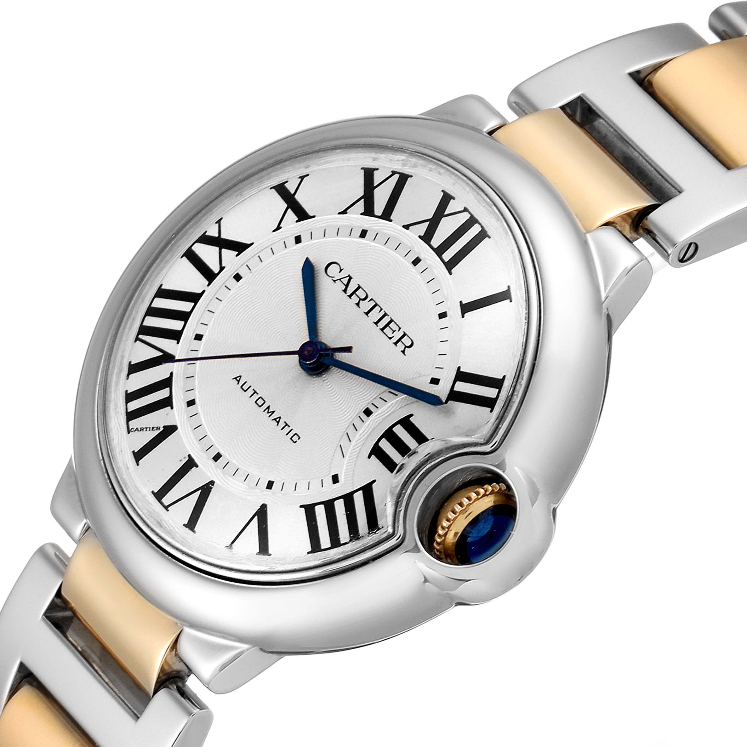 This image shows a close-up view of the face and part of the bracelet of the Cartier Ballon Bleu W2BB0012 Women's Steel and Gold (two tone) Silver Dial W2BB0012 Women's Steel and Gold (two tone) Silver Dial model watch.