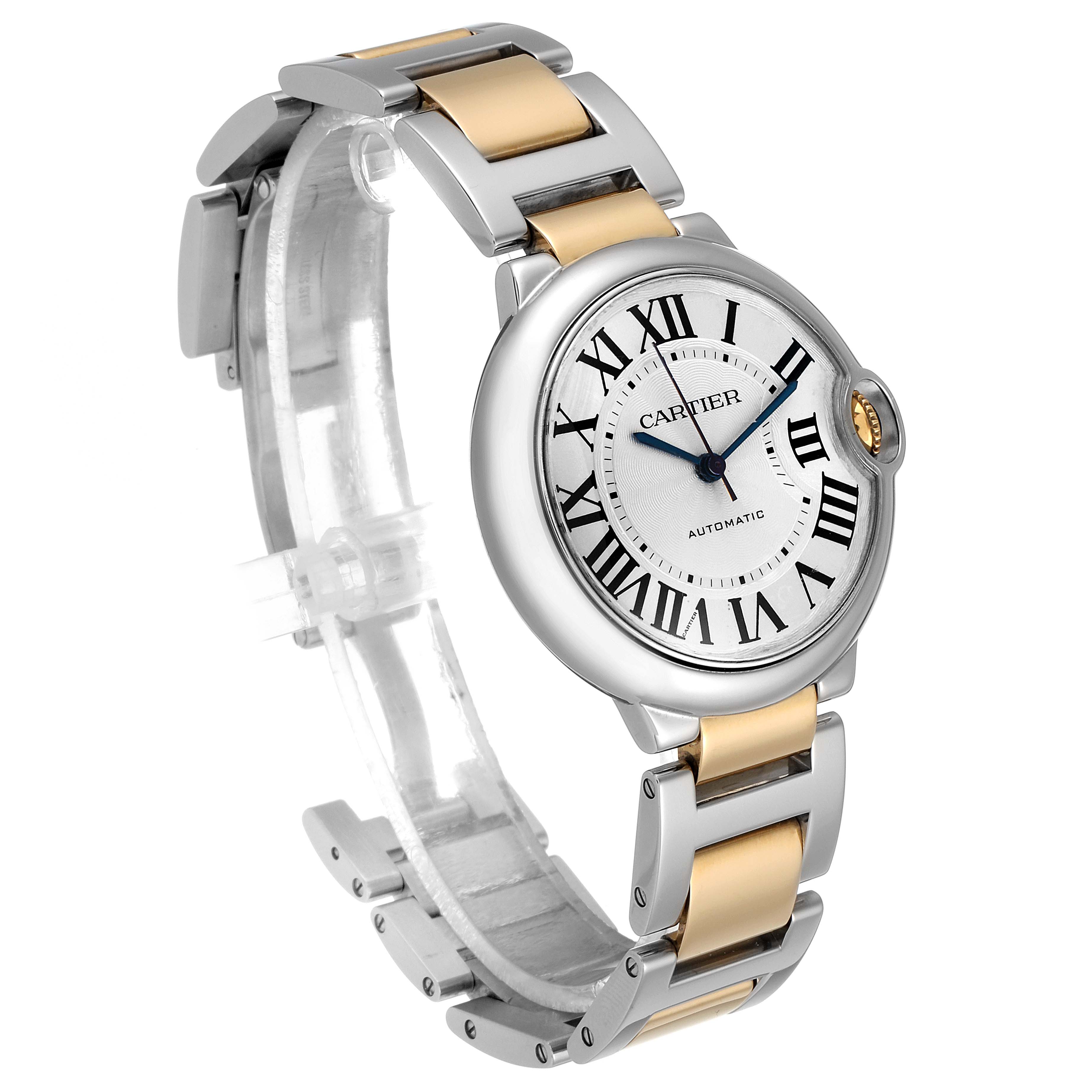 This image shows a side angle of the Cartier Ballon Bleu W2BB0012 Women's Steel and Gold (two tone) Silver Dial W2BB0012 Women's Steel and Gold (two tone) Silver Dial watch, highlighting its two-tone metal bracelet and Roman numeral dial.