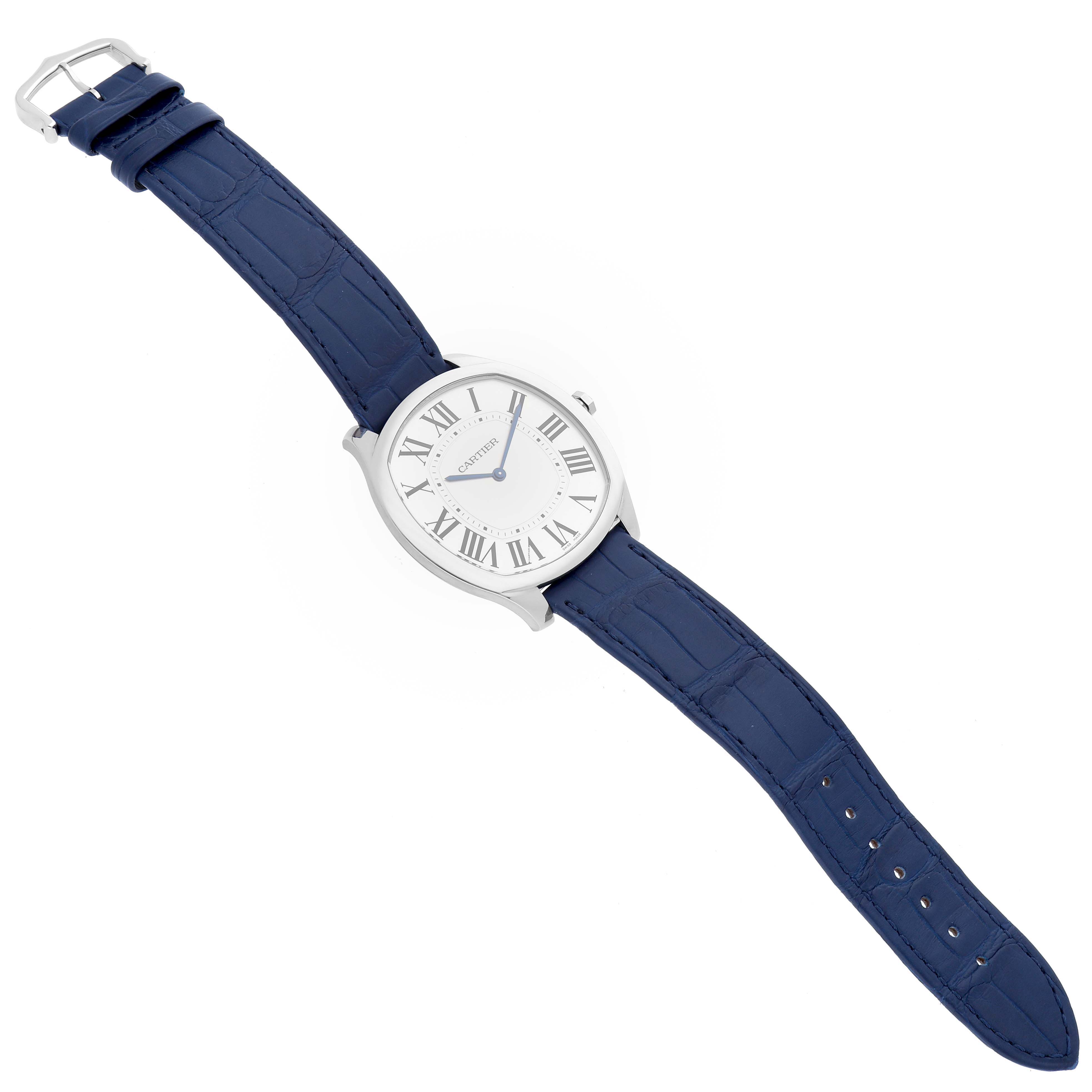 The image shows a top-down view of the Drive de Cartier watch with a blue leather strap and Roman numeral dial.