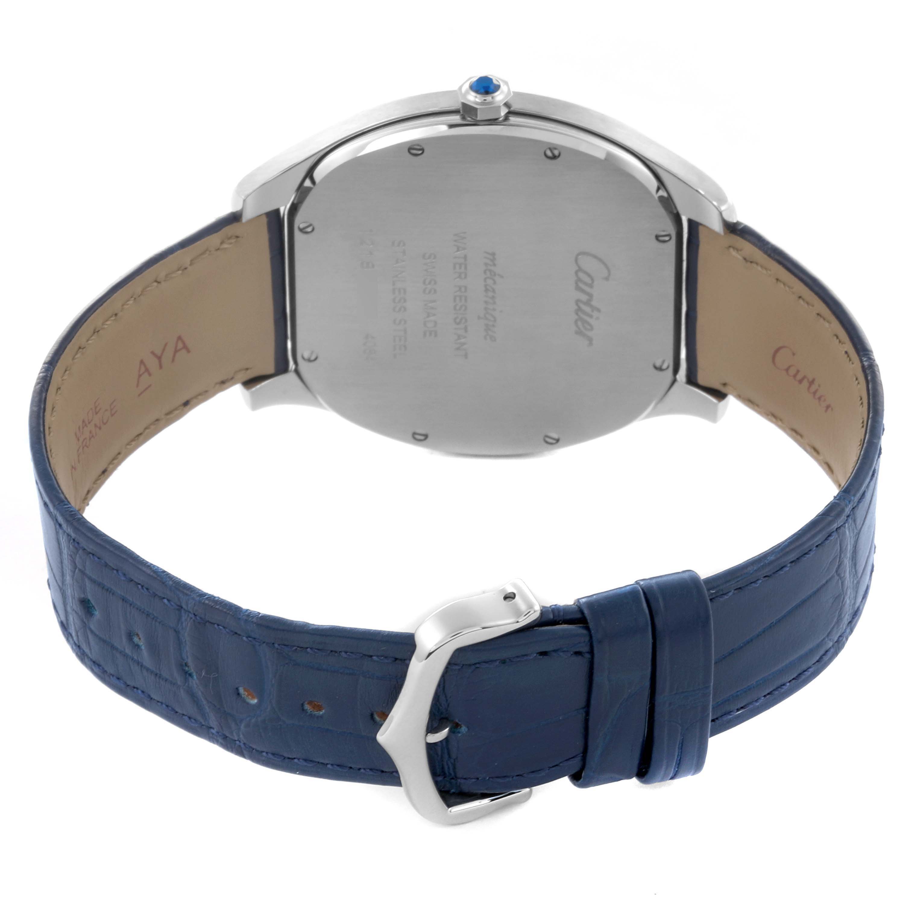 The image shows the back of the Drive de Cartier watch, focusing on the case back and blue leather strap.