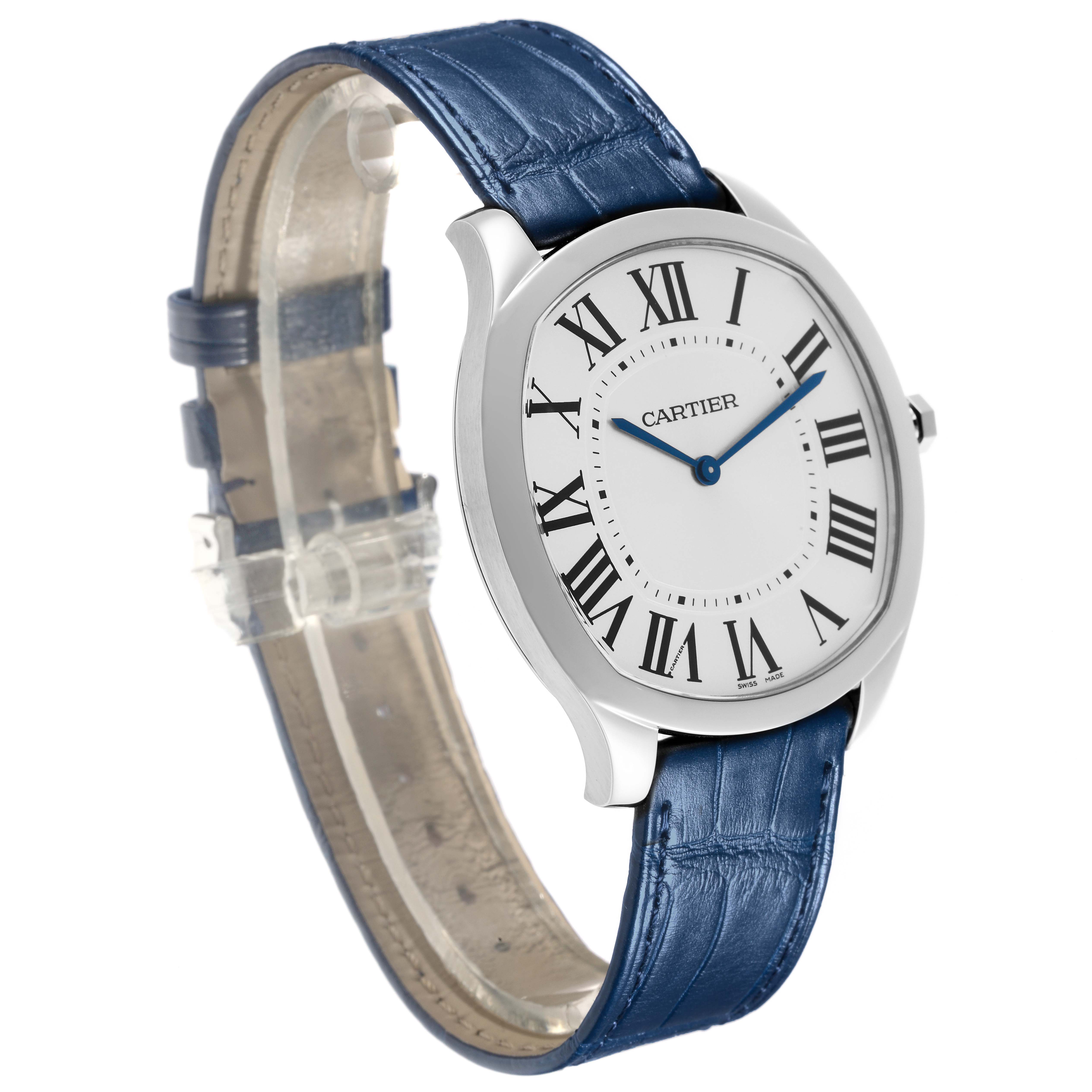The Drive de Cartier watch is shown at a side angle with the face, case, and full blue leather strap visible.