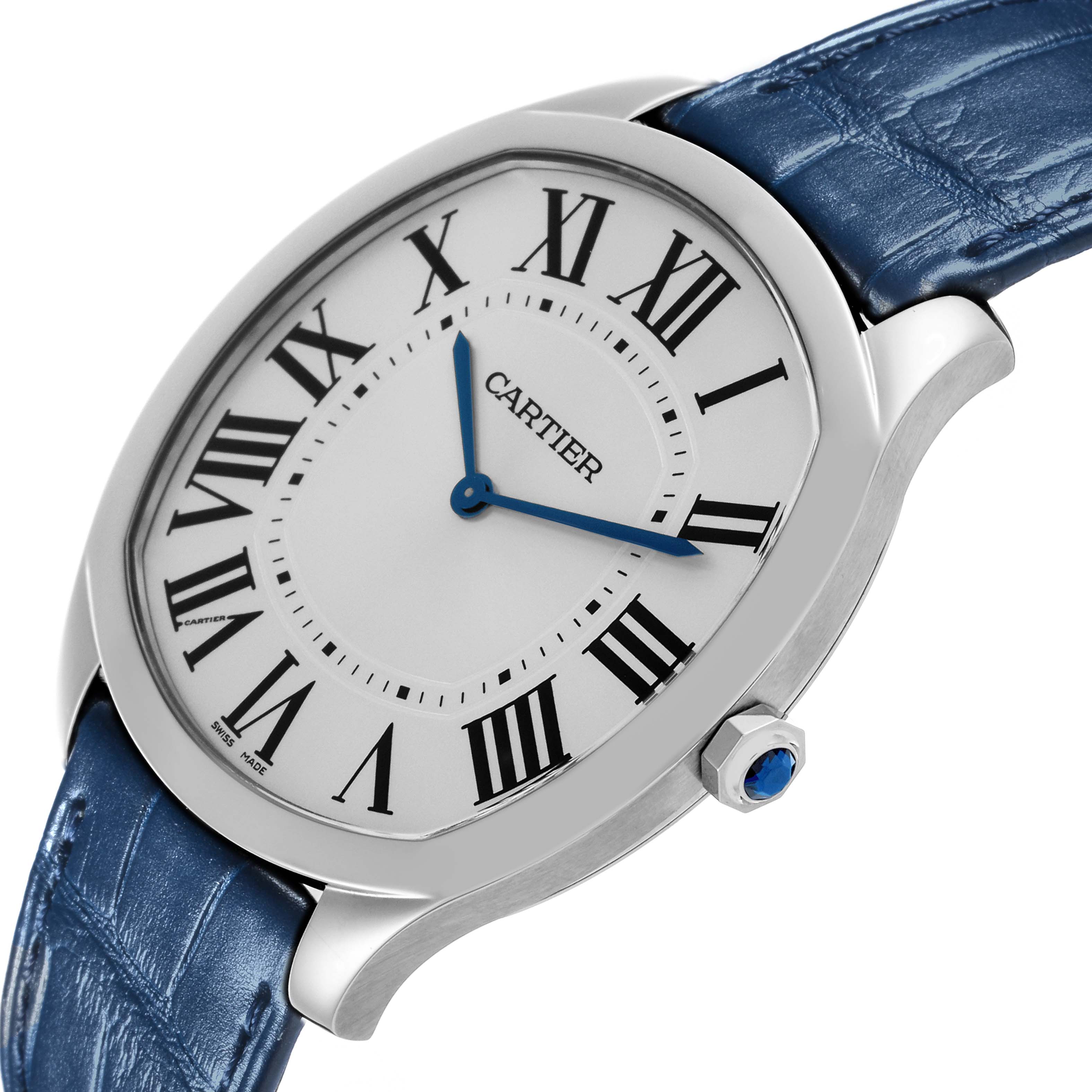 The Drive de Cartier watch is shown at a three-quarter angle, highlighting the face, bezel, blue hands, and leather strap.