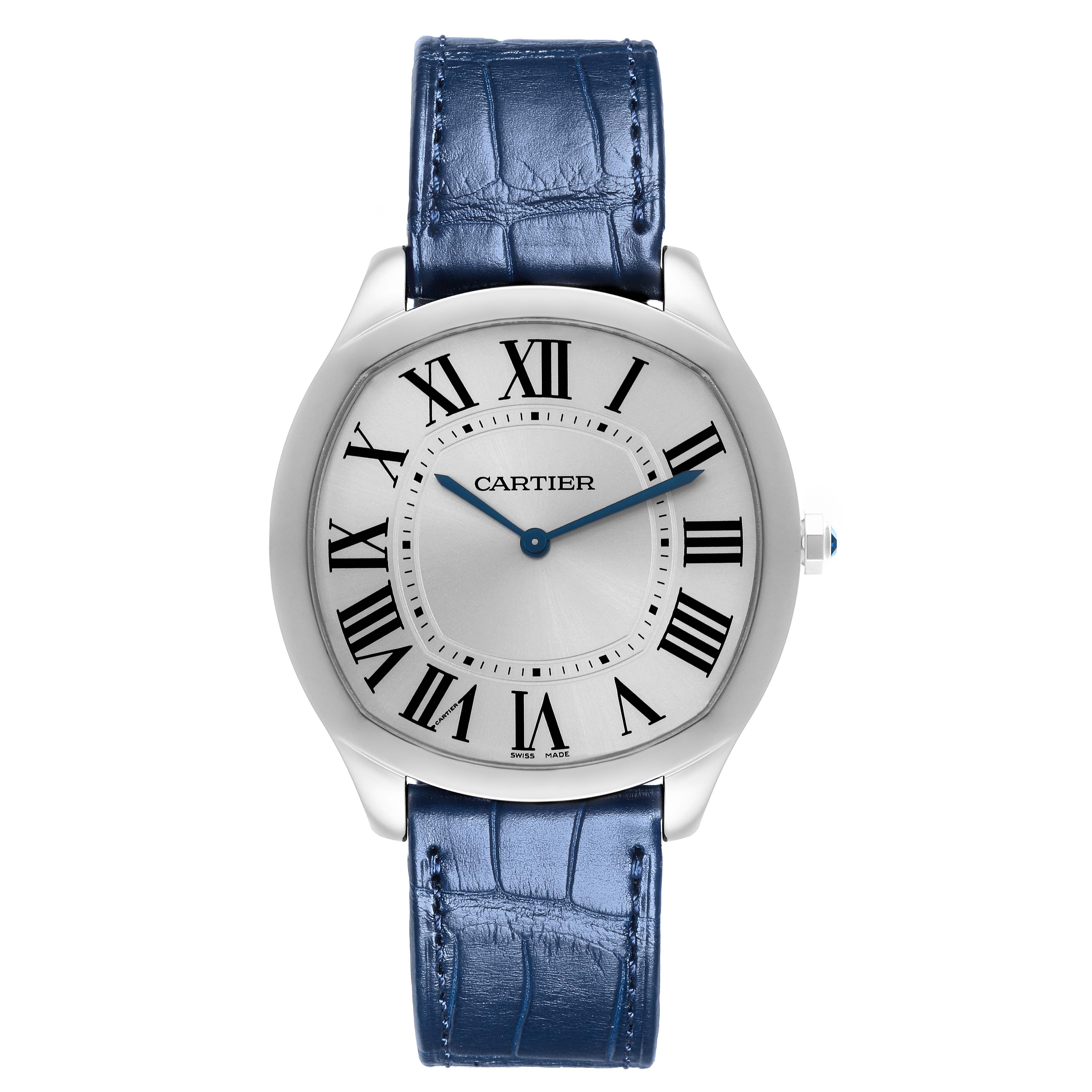 The Drive de Cartier watch is shown from a front angle, displaying its face and strap.