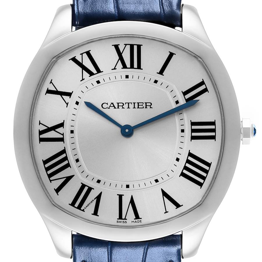 The Drive de Cartier watch by Cartier is shown from a front angle, displaying its face, hands, Roman numerals, and part of the strap.