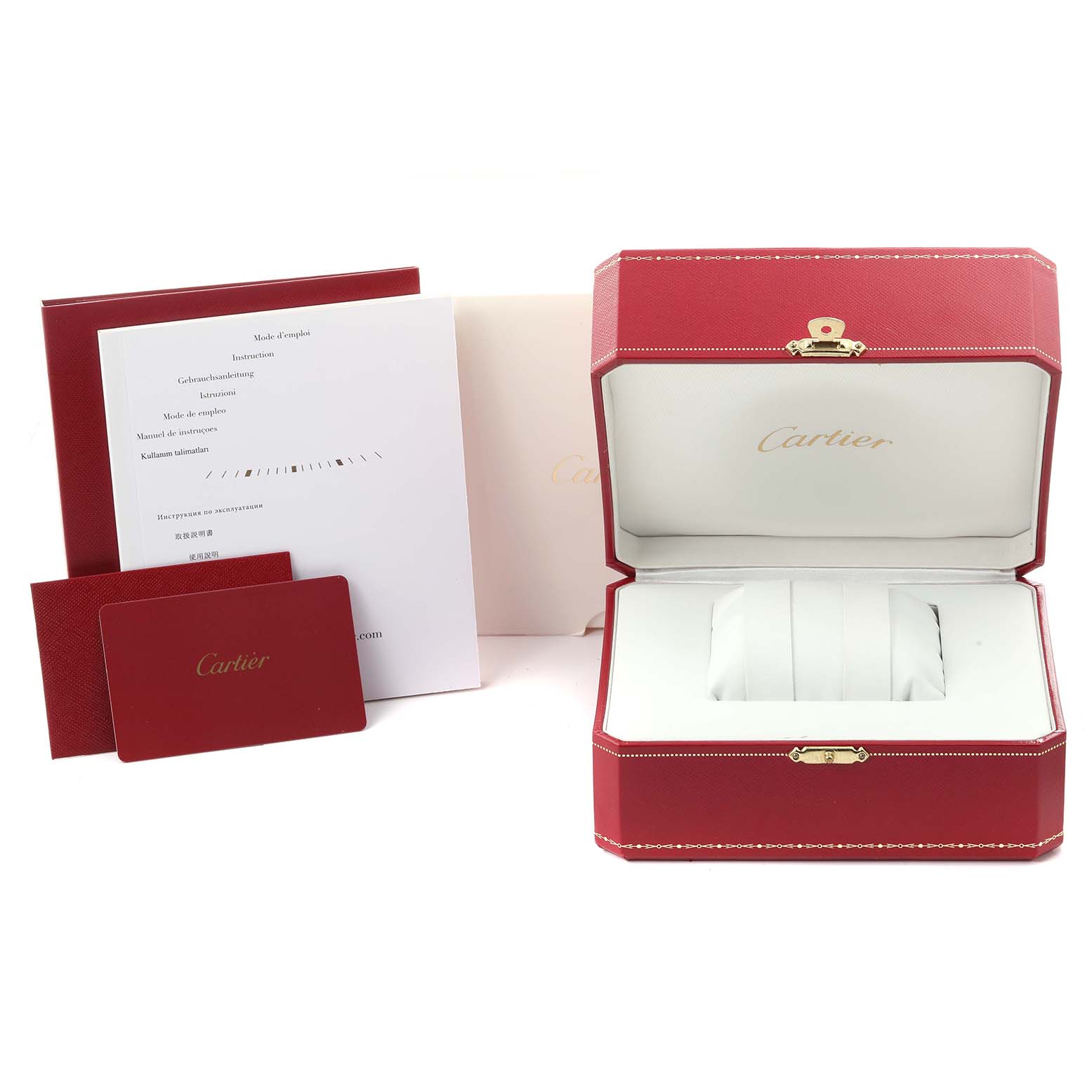 The image shows the packaging and documentation for the Cartier Drive de Cartier WSNM0011 Men's Stainless Steel Silver Dial WSNM0011 Men's Stainless Steel Silver Dial, including a red watch box and manuals.