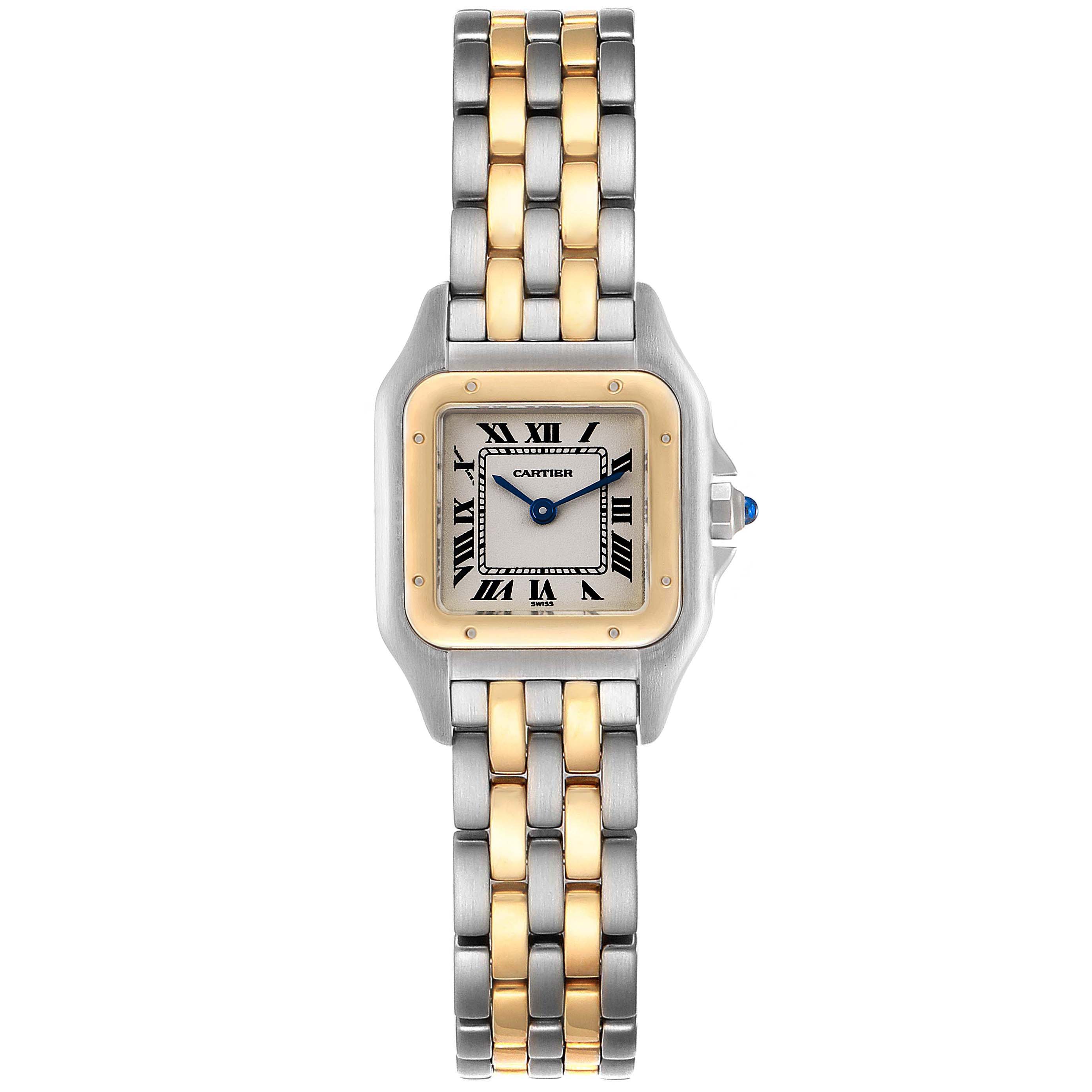 The image shows a front view of a Cartier Panthere W25029B6 Women
s Steel and Gold (two tone) Silver Dial W25029B6 Women
s Steel and Gold (two tone) Silver Dial watch featuring a two-tone bracelet and Roman numeral dial.
