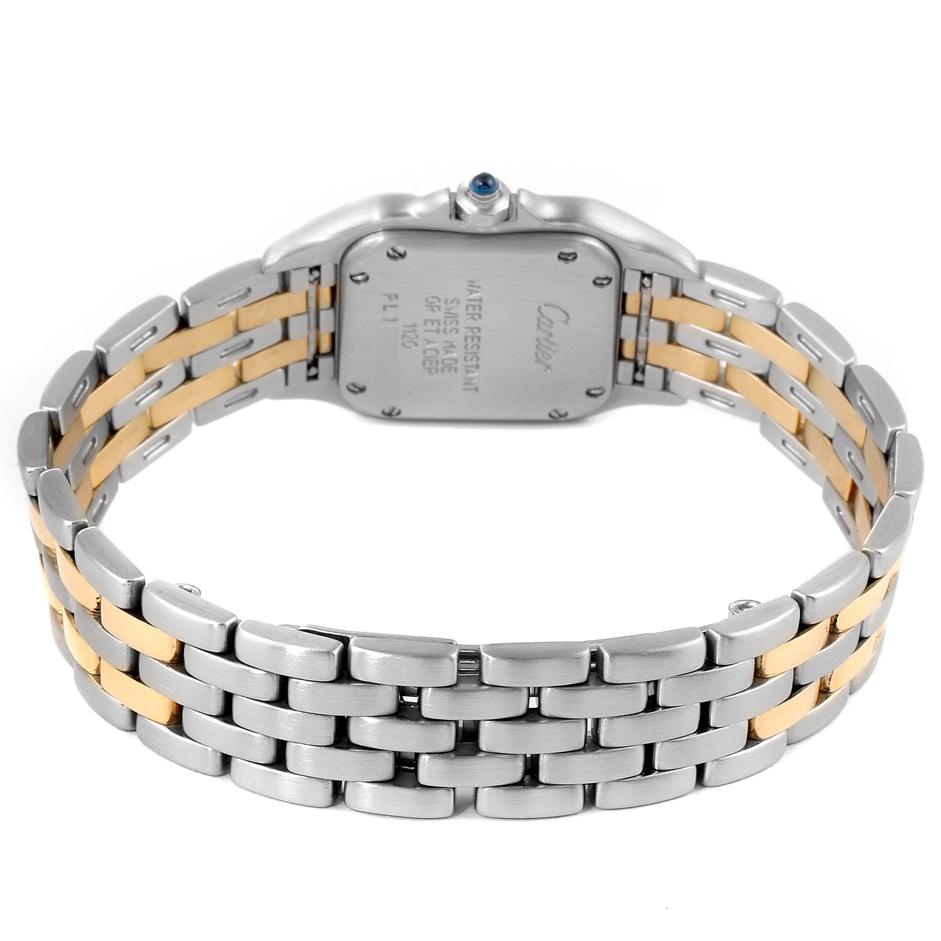 This image shows the back case and two-tone bracelet of a Cartier Panthere W25029B6 Women
s Steel and Gold (two tone) Silver Dial W25029B6 Women
s Steel and Gold (two tone) Silver Dial watch.