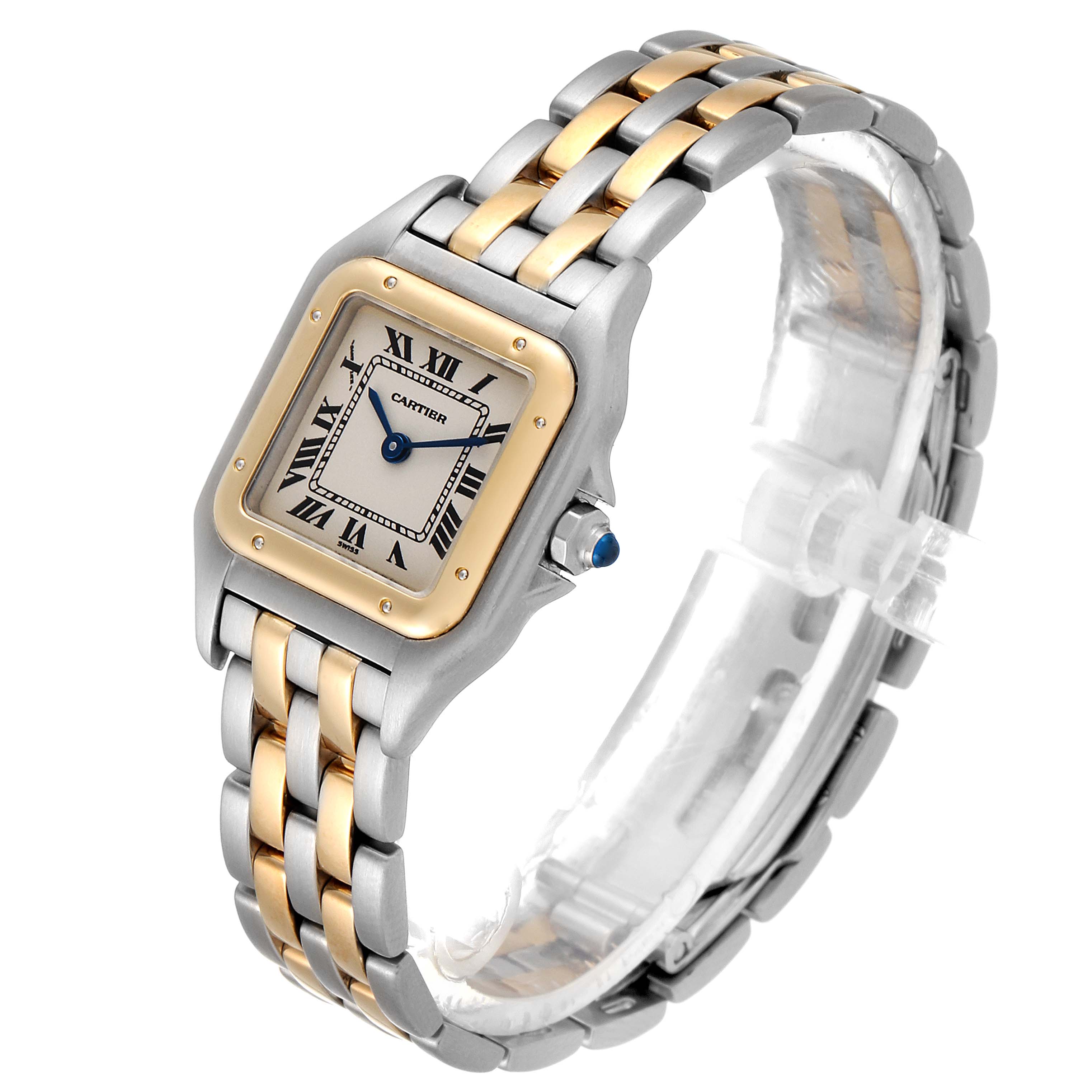 The image shows a Cartier Panthère watch from a front-side angle, displaying its face, bezel, crown, and bimetal bracelet.