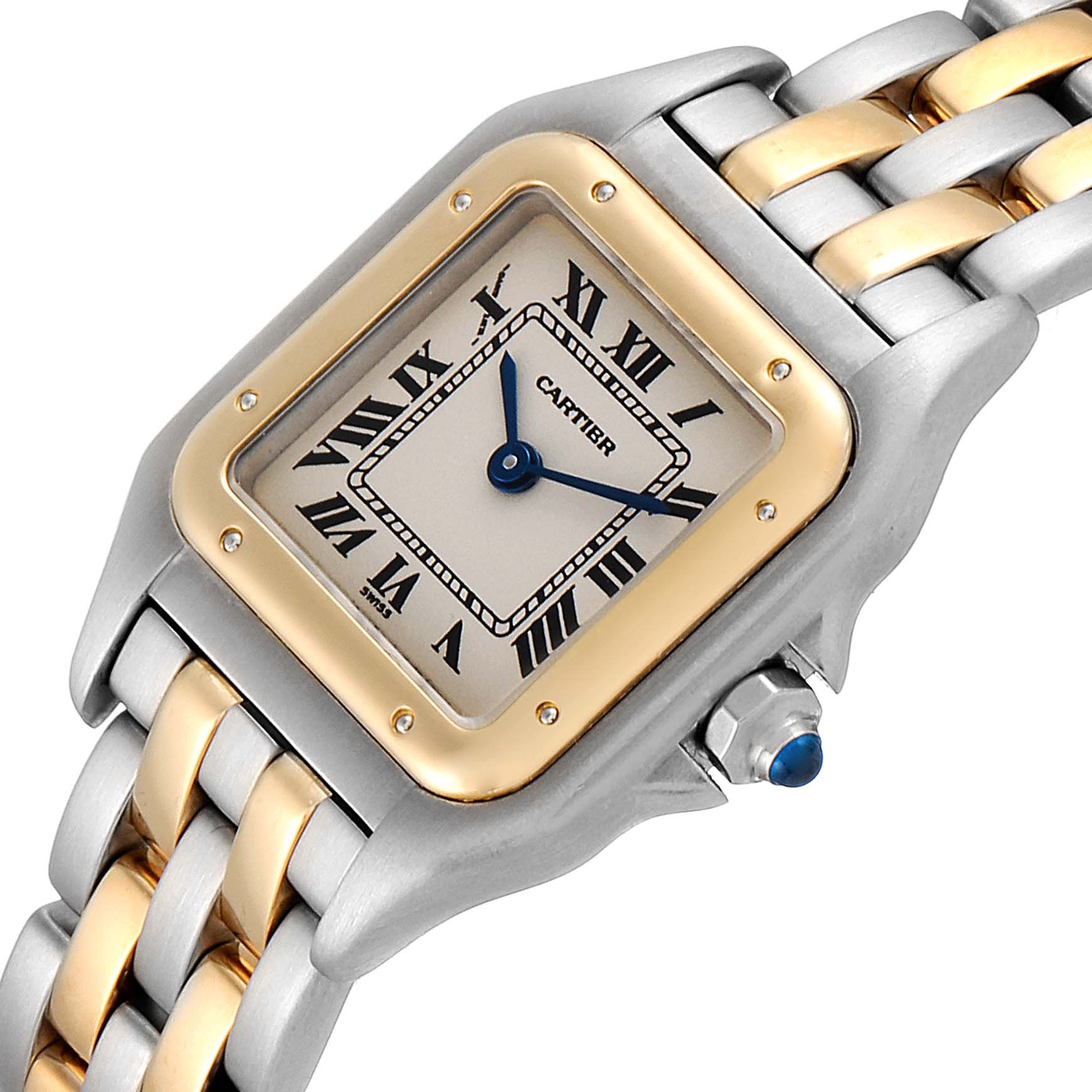 The image shows a close-up angle of the Cartier Panthere W25029B6 Women
s Steel and Gold (two tone) Silver Dial W25029B6 Women
s Steel and Gold (two tone) Silver Dial watch, featuring its square dial, Roman numerals, and two-tone bracelet.
