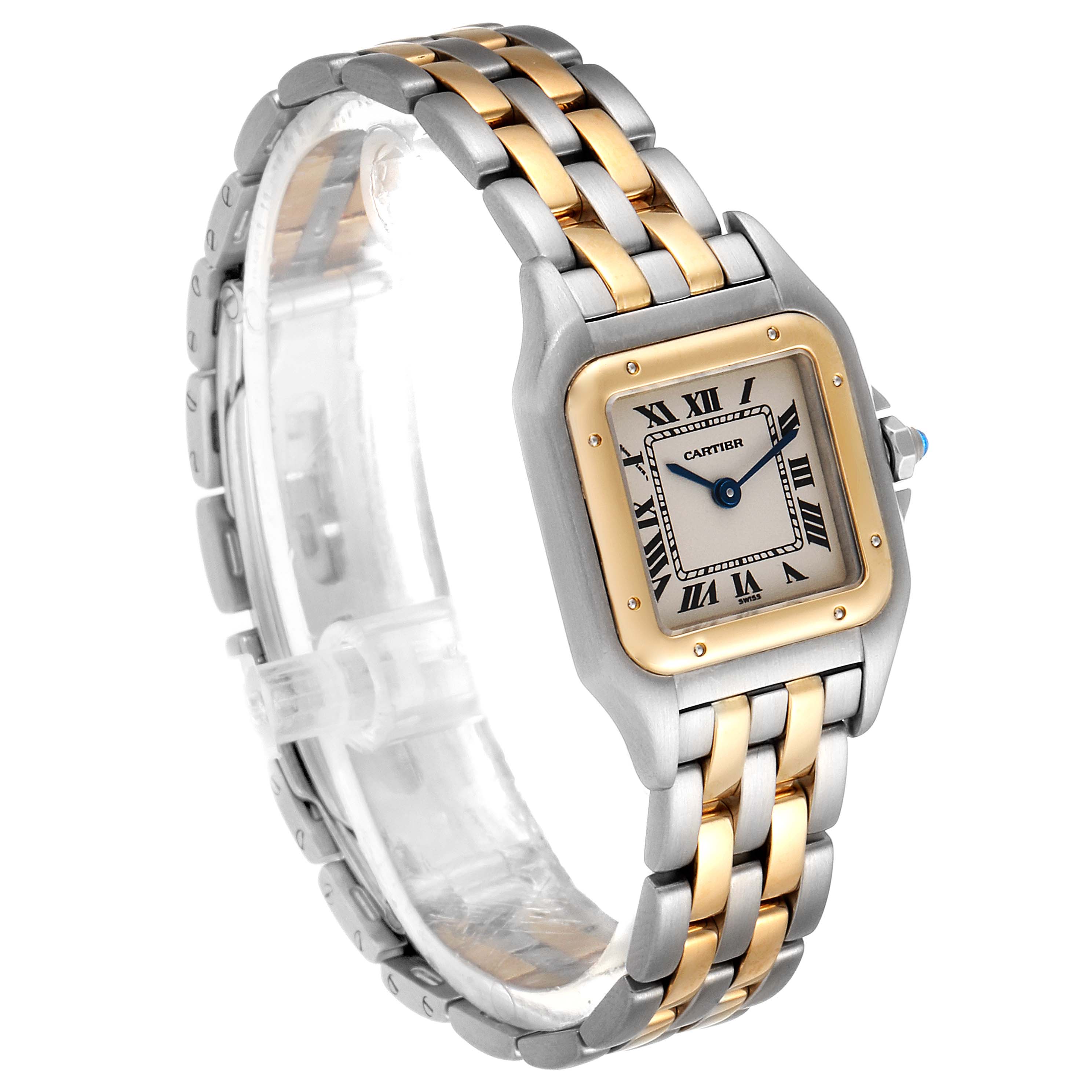 The image shows a side view of the Cartier Panthere W25029B6 Women
s Steel and Gold (two tone) Silver Dial W25029B6 Women
s Steel and Gold (two tone) Silver Dial model watch, highlighting its two-tone metal bracelet and square face.