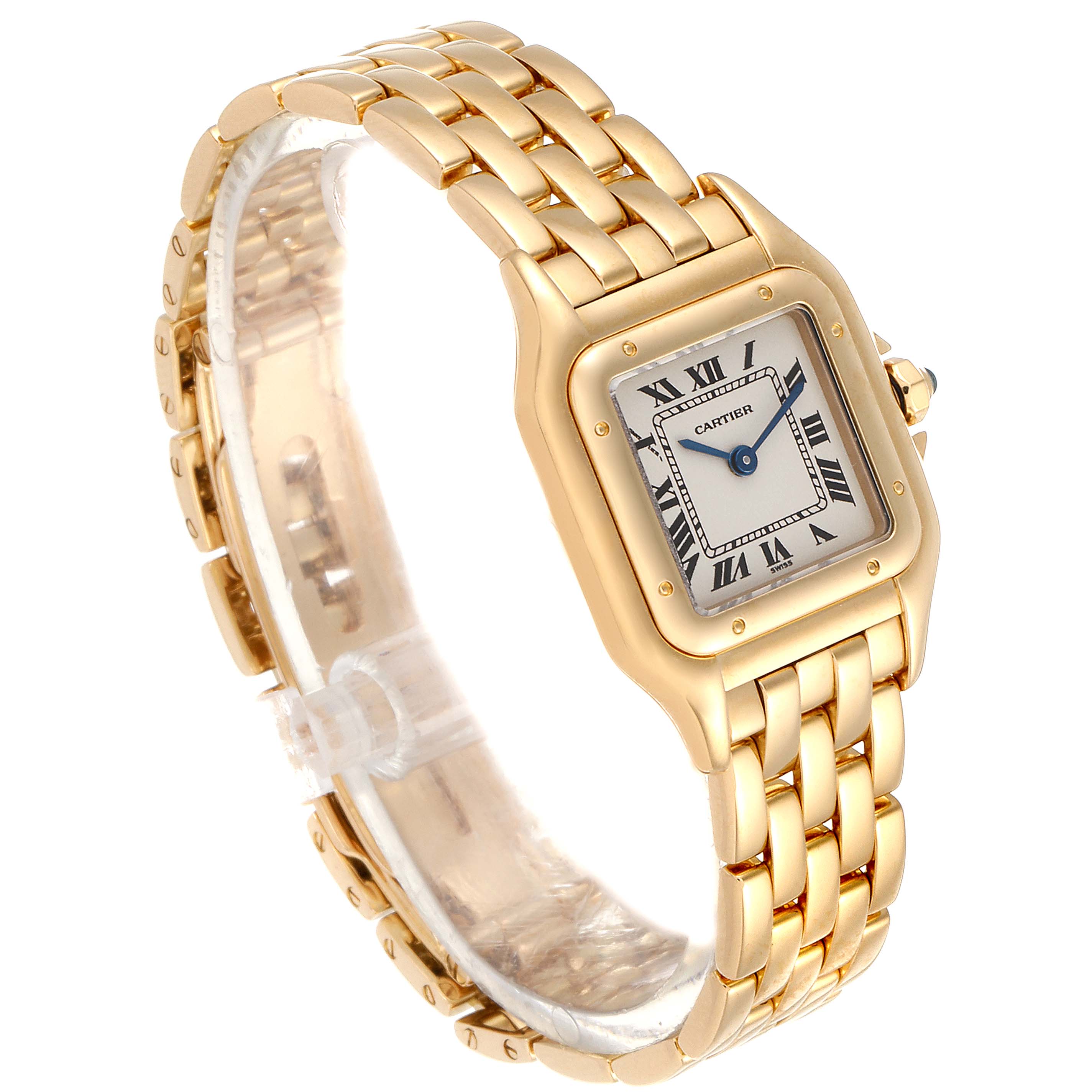 This image shows a gold Cartier Panthere W25022B9 Women's Yellow Gold Silver Dial W25022B9 Women's Yellow Gold Silver Dial watch at a tilted angle, revealing the face, bracelet, and part of the clasp.