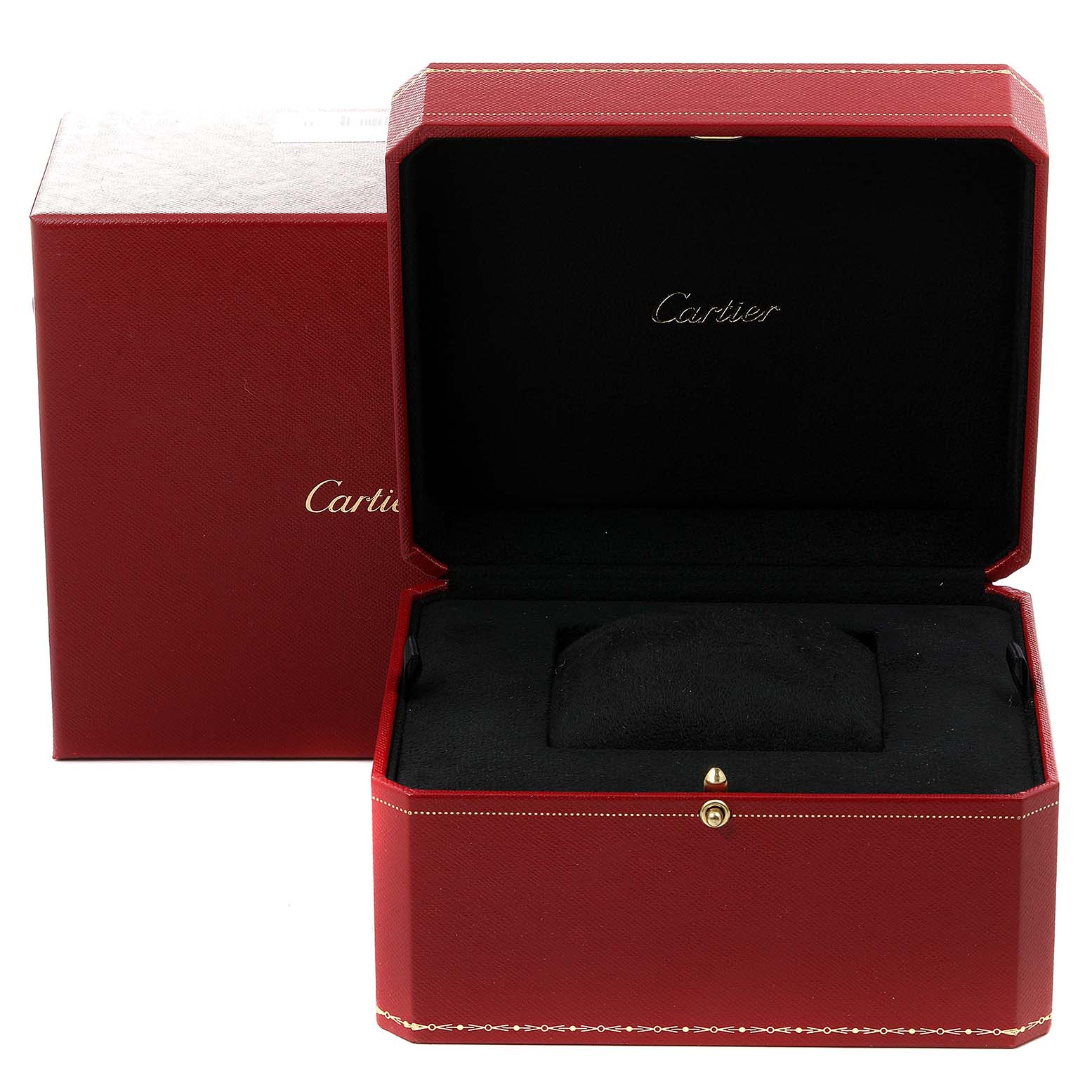 This image shows an open red Cartier box for the Panthere model, displaying the interior designed to hold the watch.