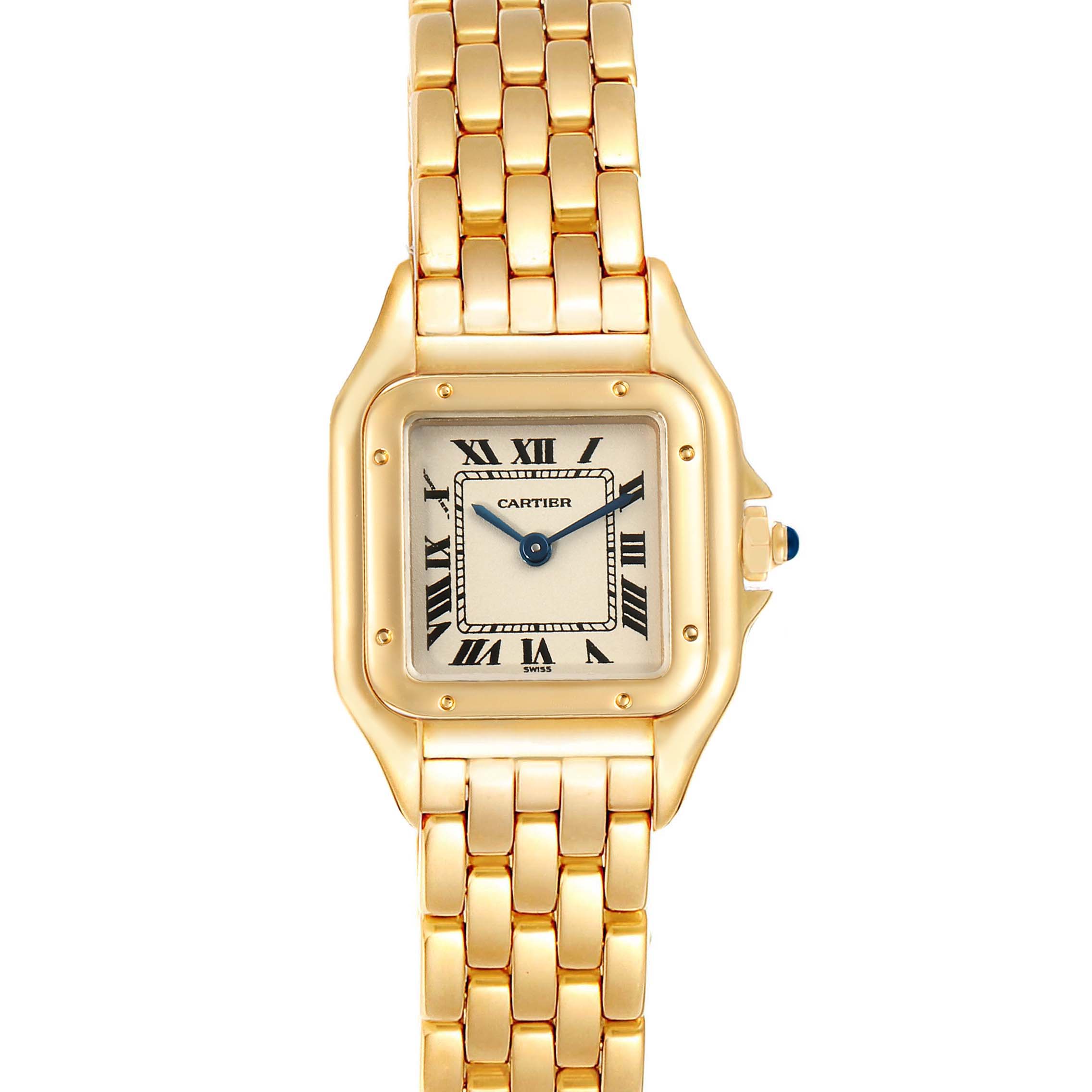 The Cartier Panthere W25022B9 Women's Yellow Gold Silver Dial W25022B9 Women's Yellow Gold Silver Dial model watch is shown from the front, displaying the face, bezel, and part of the gold bracelet.