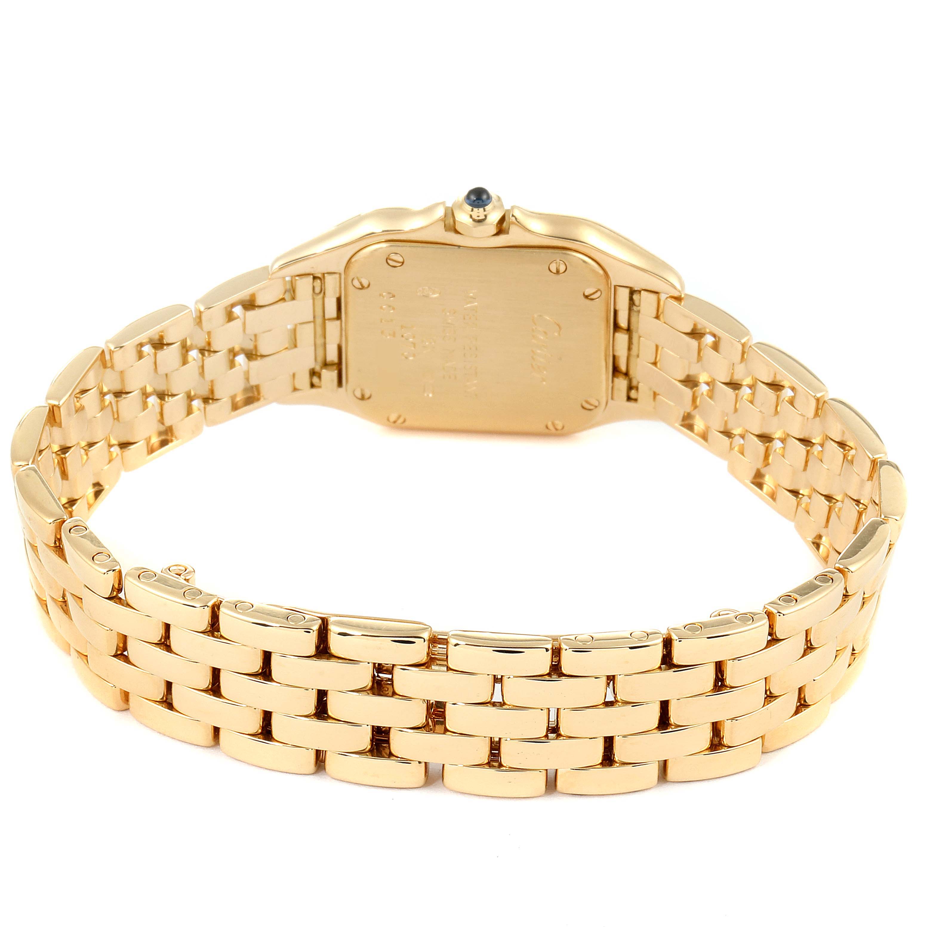 The image shows the back and bracelet of a Cartier Panthere W25022B9 Women's Yellow Gold Silver Dial W25022B9 Women's Yellow Gold Silver Dial model watch.