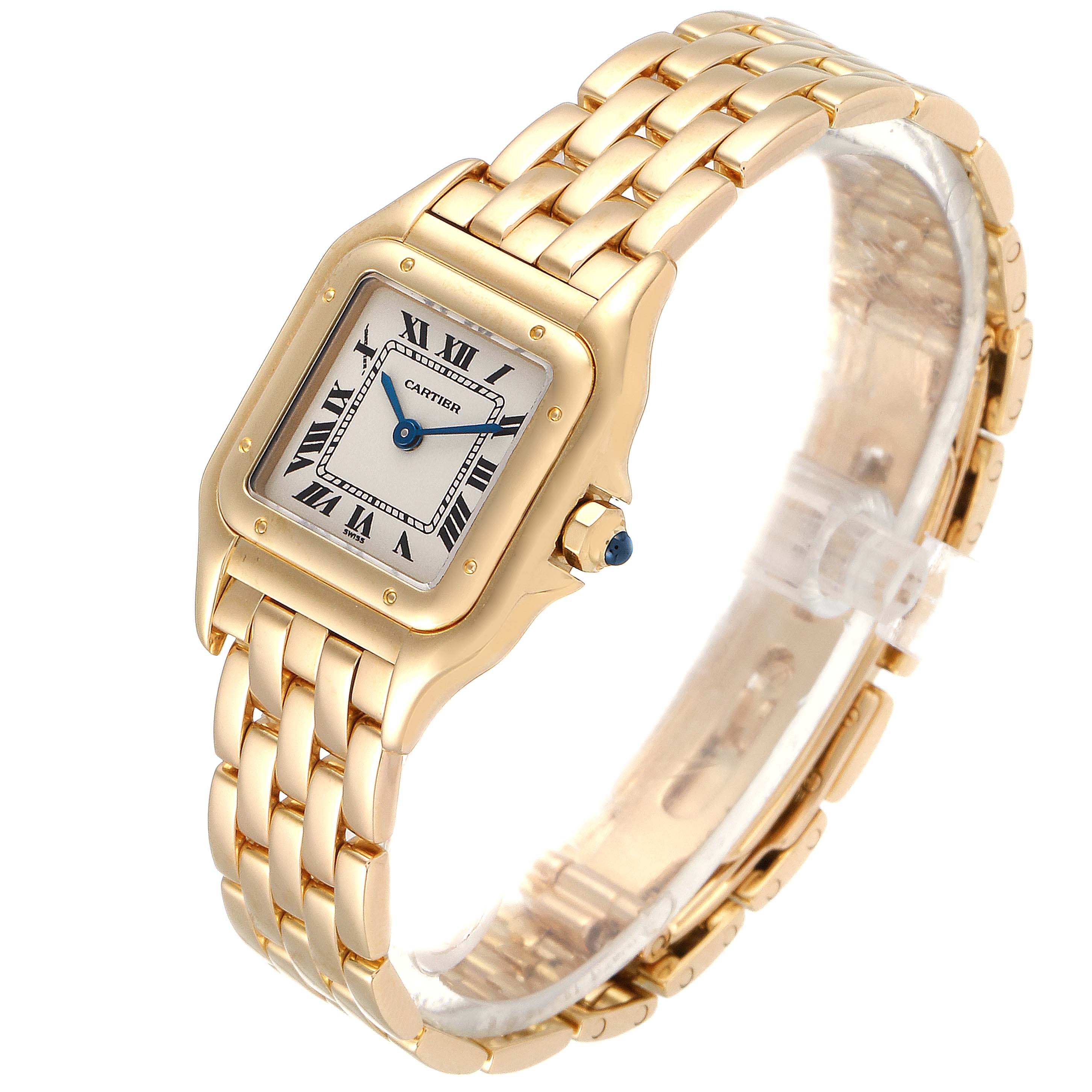 The image shows a Cartier Panthere W25022B9 Women's Yellow Gold Silver Dial W25022B9 Women's Yellow Gold Silver Dial model watch from a side angle, highlighting the face, band, and crown.