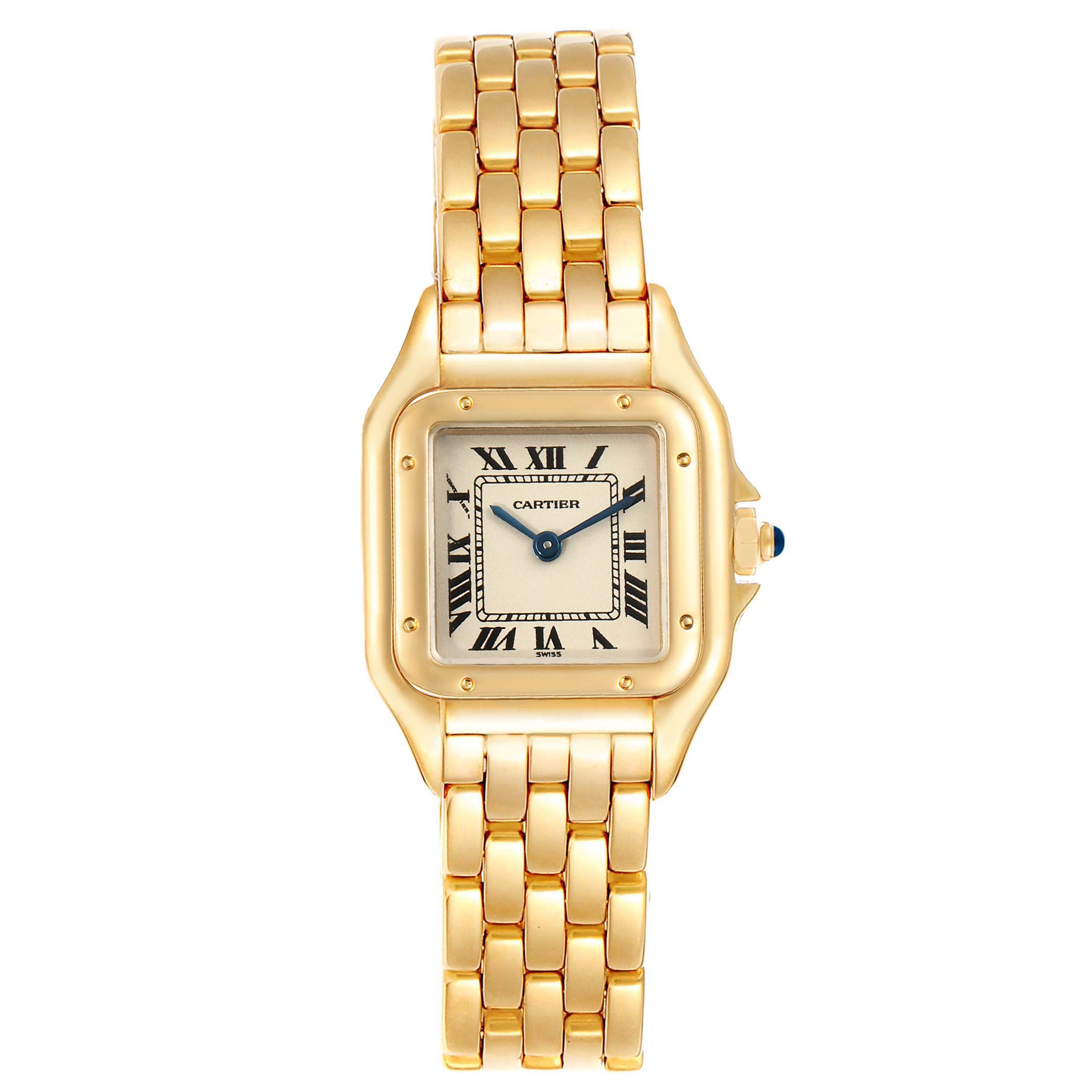 This is a front view of the Cartier Panthere W25022B9 Women's Yellow Gold Silver Dial W25022B9 Women's Yellow Gold Silver Dial watch, showcasing the dial, bracelet, and crown.
