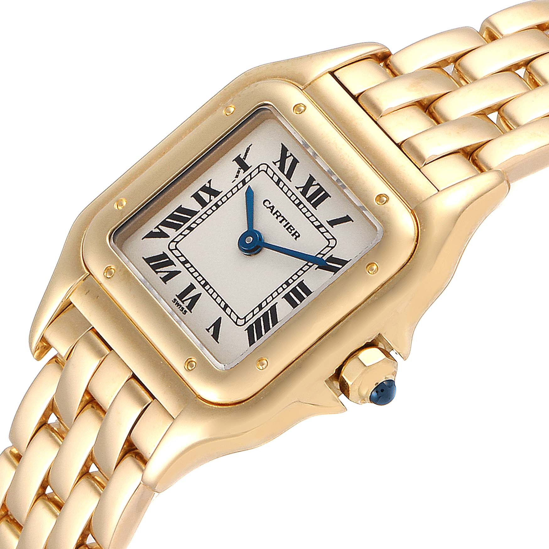 This image shows a Panthere model by Cartier, focusing on the gold case, dial, and part of the linked bracelet from a slight angle.