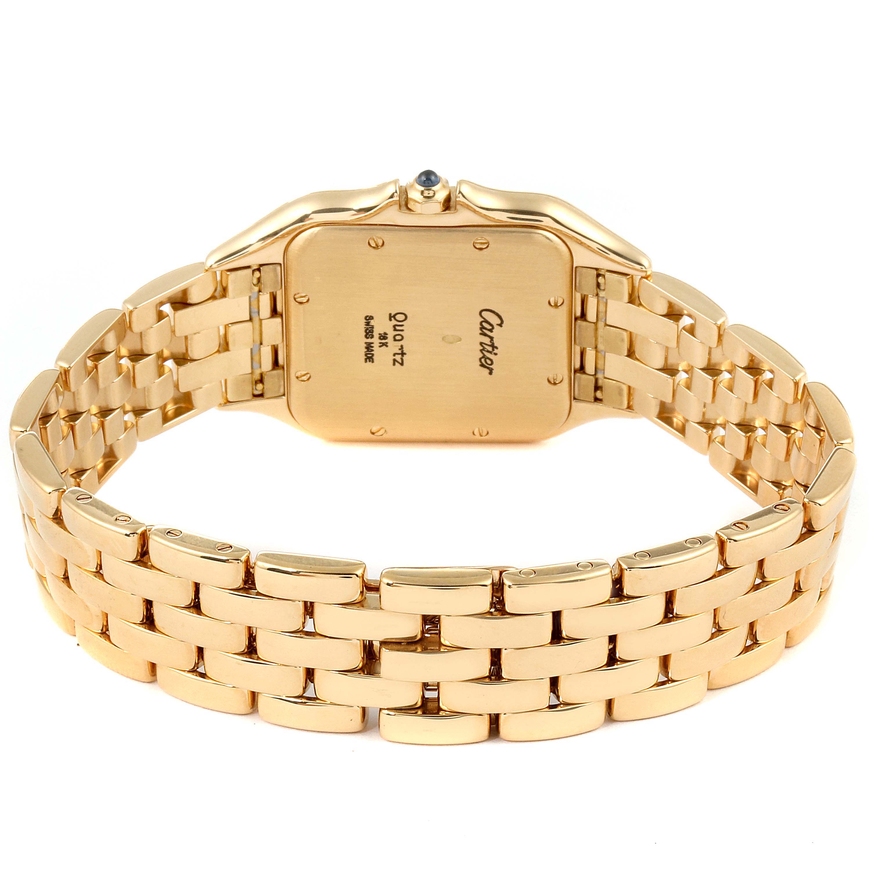 The image shows the back view of a Cartier Panthere W25014B9 Men's Yellow Gold Silver Dial W25014B9 Men's Yellow Gold Silver Dial model watch, including its case back and gold bracelet.